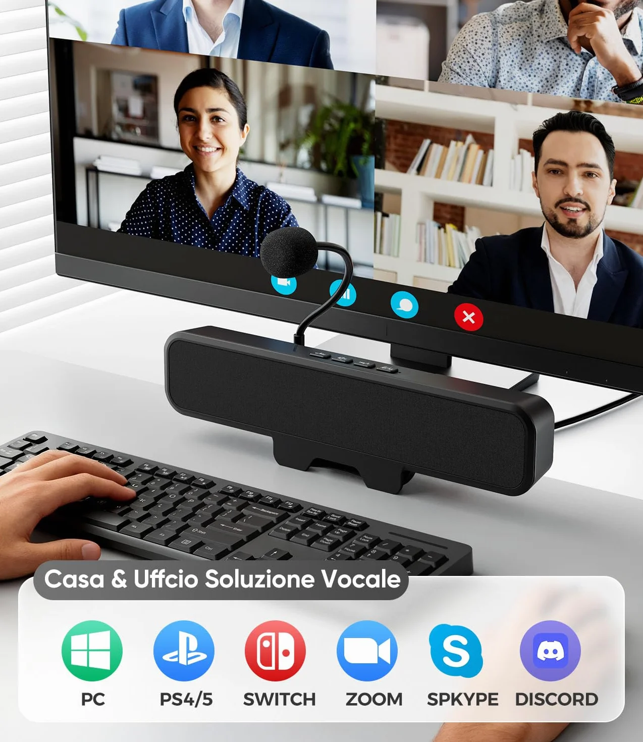 USB Altoparlanti per Computer con Microfono Staccabile, Altoparlante da Scrivania Plug and Play con Clip per Monitor, Suono Stereo & Bassi, Ideali per PC, PS5, Switch 2 e Laptop