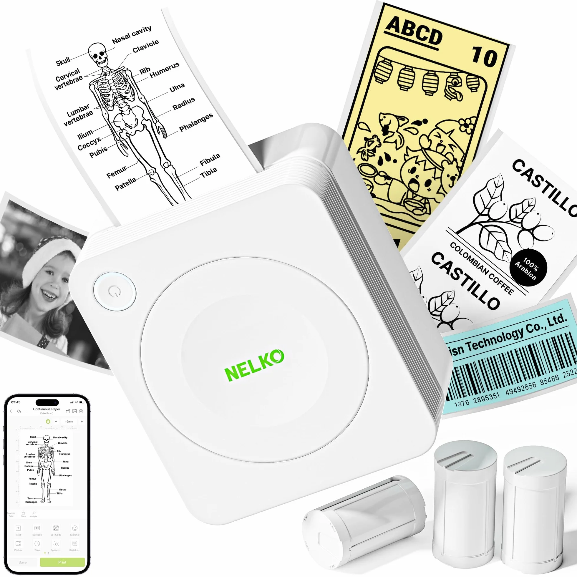 Nelko PM230 Bluetooth Mini Stampante Portatile Etichette Adesive con 3 Rotoli Carta Bianco