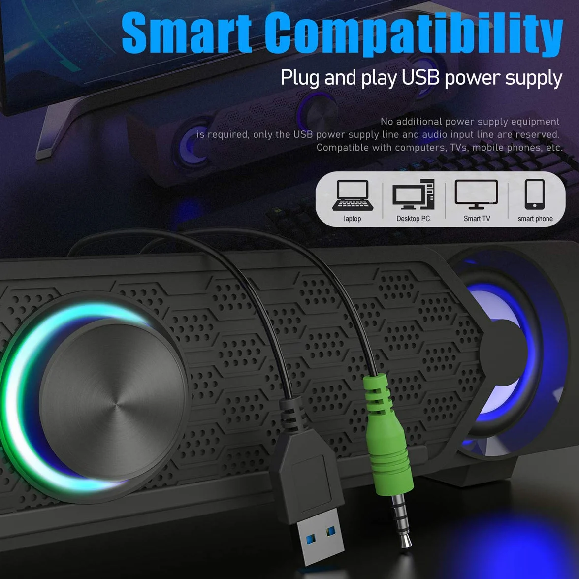Smalody Altoparlanti PC, USB Soundbar, Altoparlante da Gioco Con Fantastiche Luci LED, Altoparlante Multimediale Perfetto per Giochi per PC, Computer, Desktop, Laptop