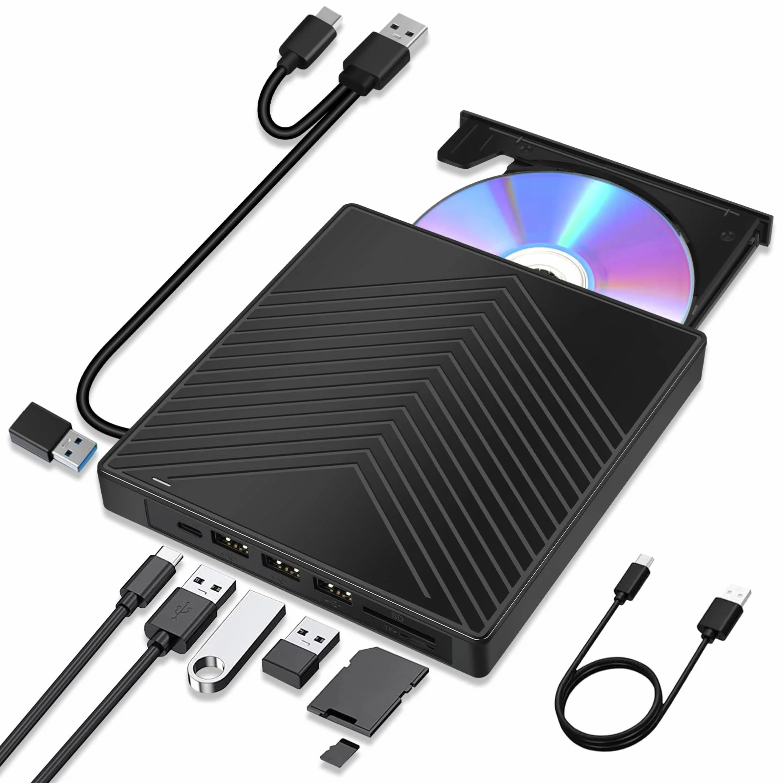 Labtec 7 in 1 Lettore CD DVD Esterno per PC Portatile, Masterizzatore CD DVD Esterno, USB 3.0 e Type-C con slot SD/TF, 4 porte USB e USB-C, unità DVD sottile per Linux, Mac OS, Windows 11/10/8/7