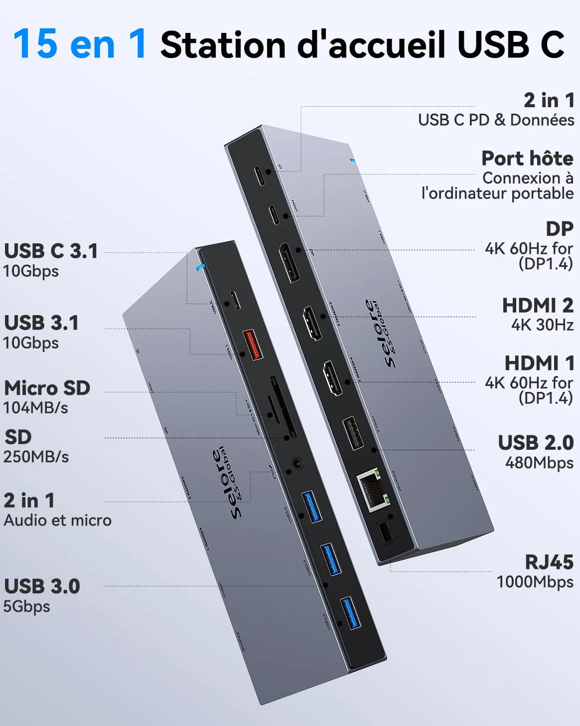 Docking station USB C con alimentazione 65W Dock USB C per computer portatile triplo schermo HUB USB C con doppio HDMI 4K, DP, PD 100W Ethernet, USB C/A 3.1 10Gbps, SD/TF, Audio/Micro