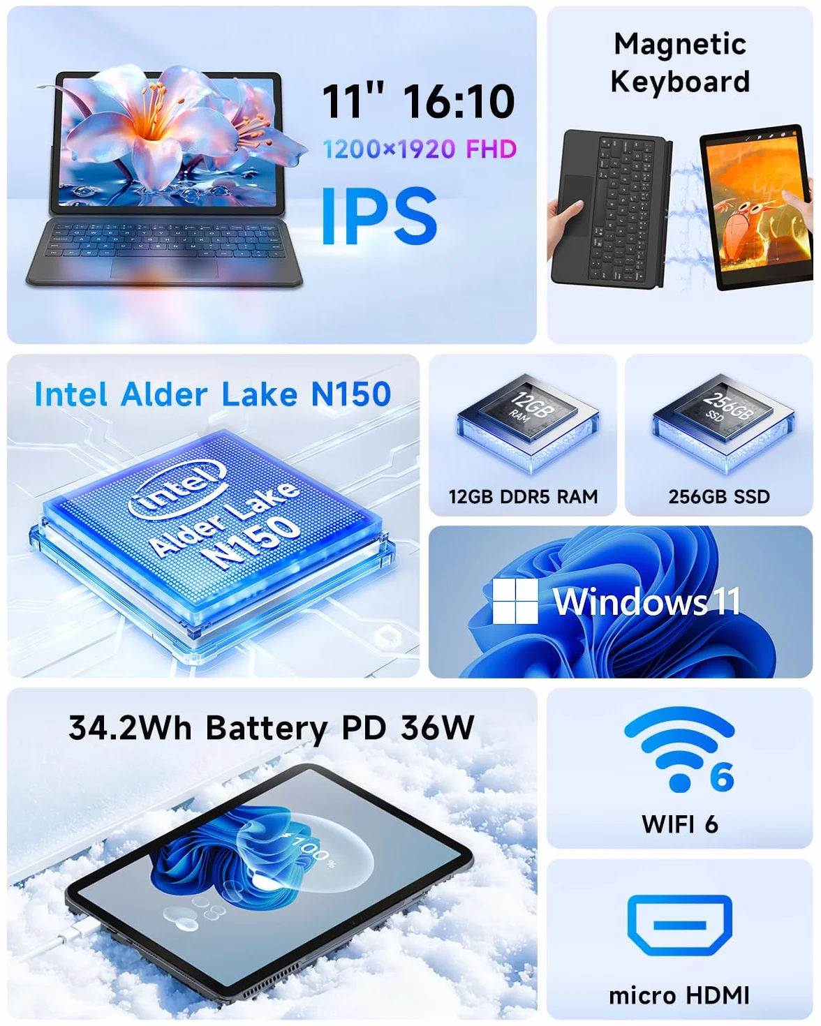 BNCF NewBook 11 2-in-1 Laptop Tablet N150 12GB RAM 512GB SSD Win 11 Pro 11" Touch FHD Micro HDMI