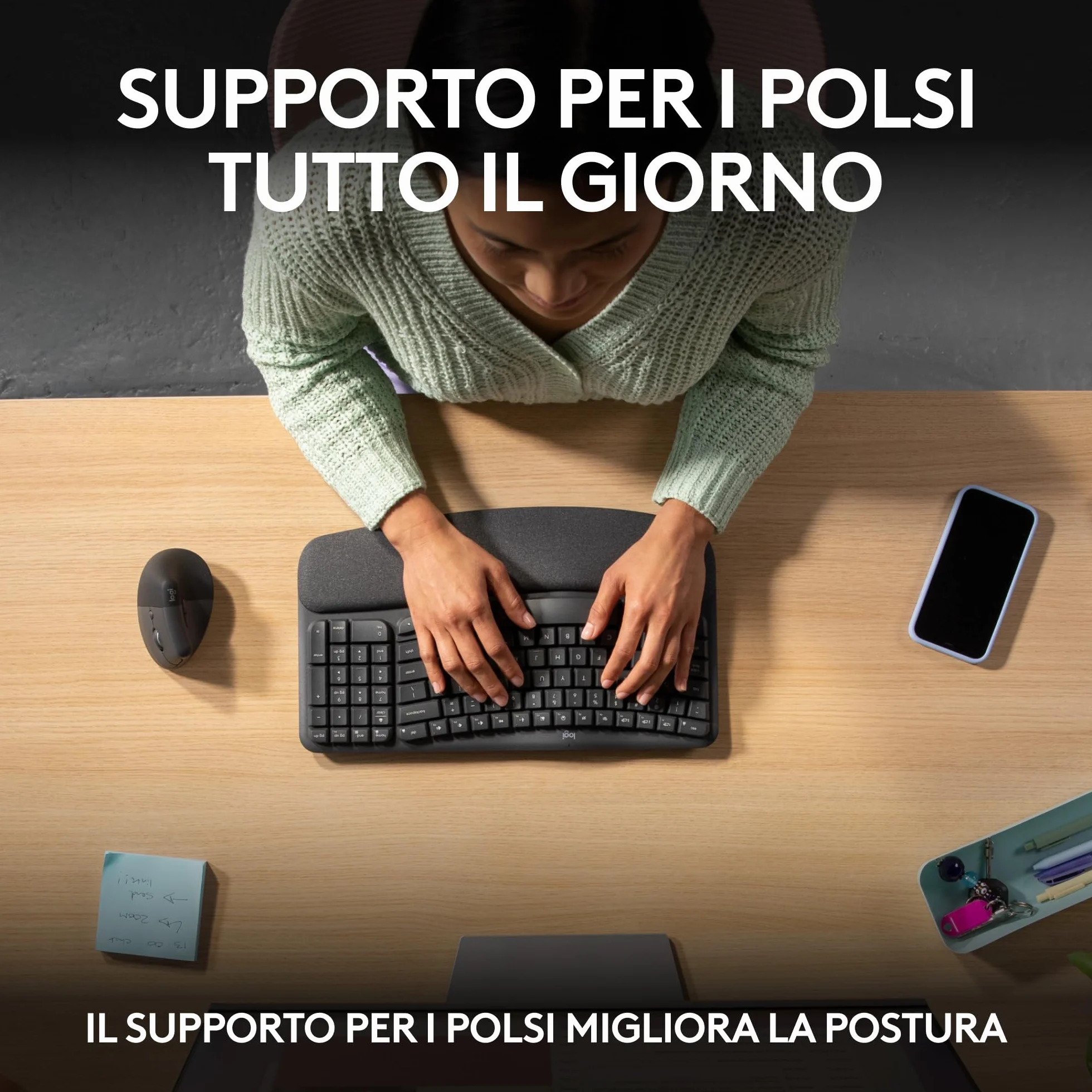 Logitech Wave Keys tastiera wireless ergonomica con supporto per i polsi imbottito, digitazione comoda, Easy-Switch, Bluetooth, Logi Bolt,compatibile con più sistemi operativi, Windows/Mac - Grafite