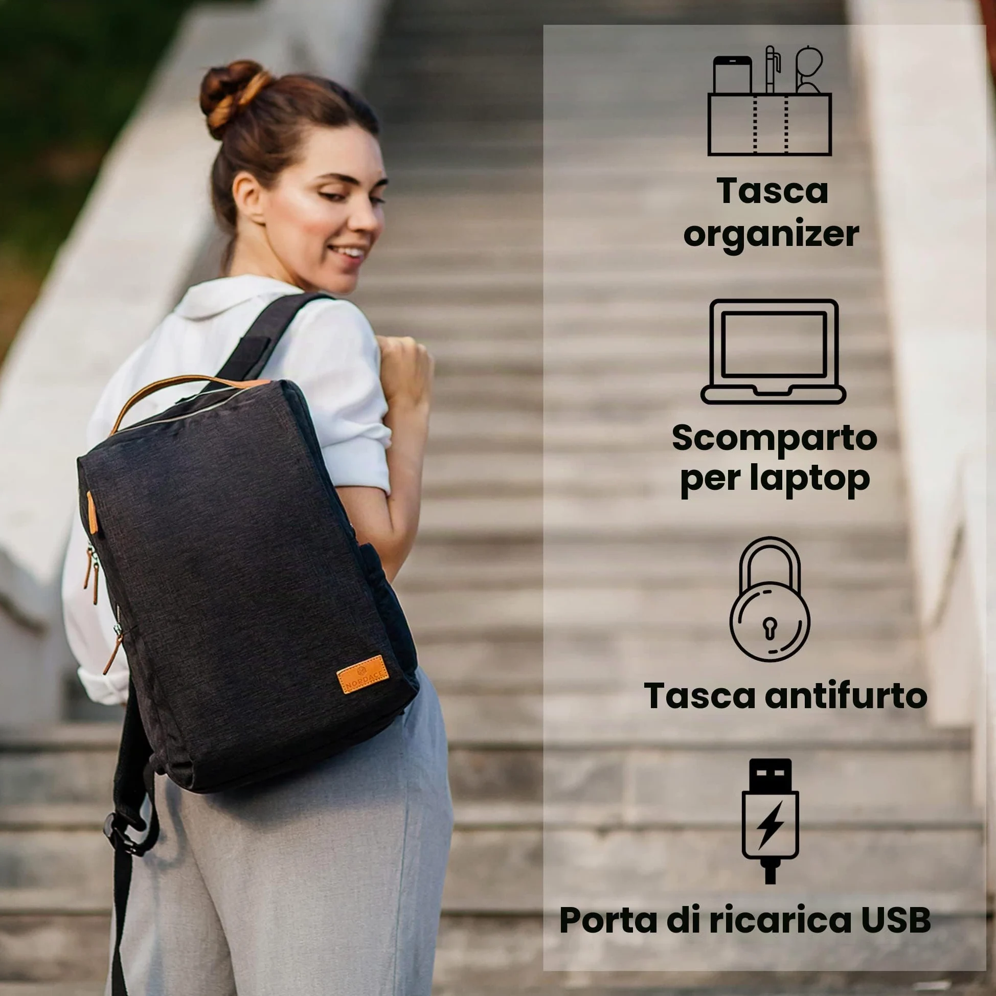 Nordace Siena - Zaino per computer portatile da 15,6 pollici, unisex, con porta di ricarica USB, impermeabile, per tutti i giorni, viaggi o lavoro