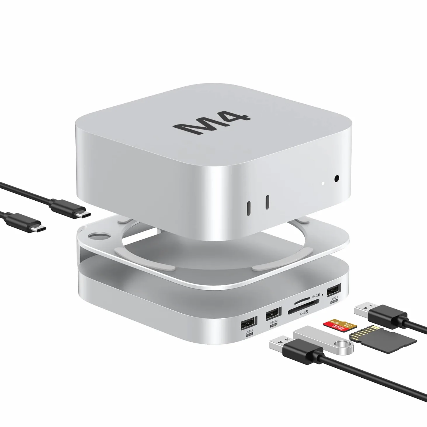 AKKYAJAURE Docking Station per Mac Mini M4/M4 Pro, 10 in 1 Hub e supporto in alluminio con custodia SSD M.2 NVMe,10 Gbps USB-A*2, lettori di schede SD/TF, USB 2.0