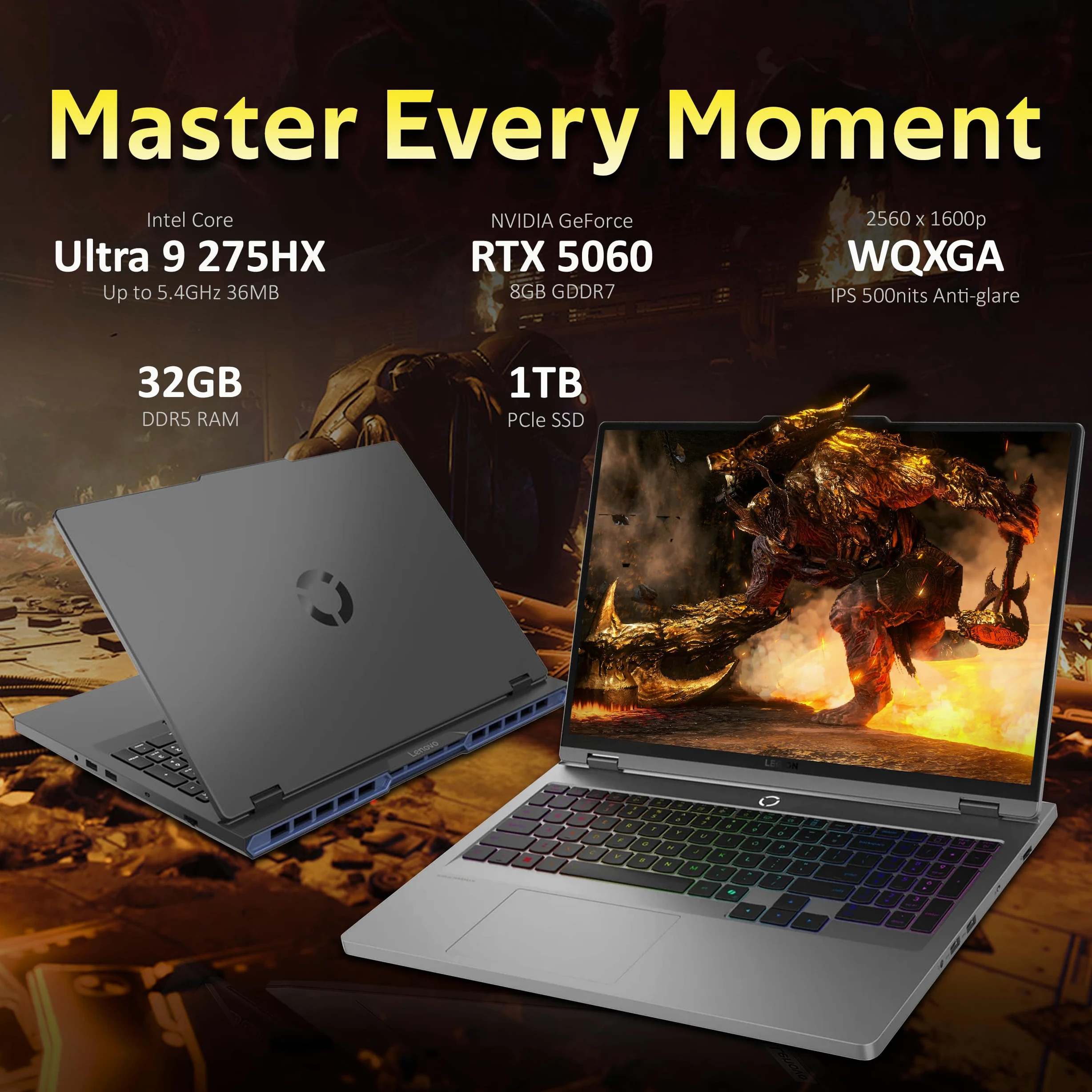 Lenovo Legion 5 16" WQXGA 240Hz Gaming Laptop, Intel Ultra 9 275HX, NVIDIA GeForce RTX 5060, 32GB DDR5, 2TB Storage (1TB SSD+1TB Docking Station), Tastiera retroilluminata RGB a 24 zone, Win 11 Pro