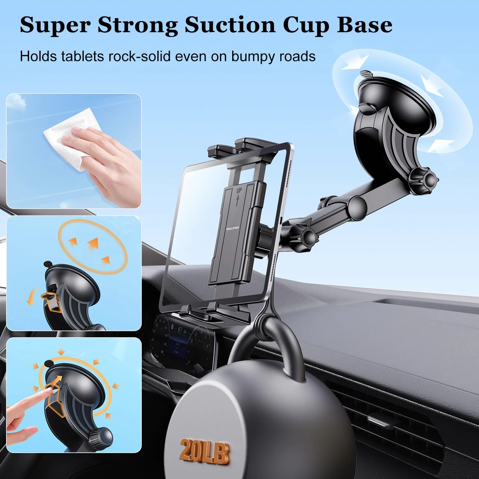 OHLPRO Tablet Holder Car Dashboard Windshield, 360° Adjustable Suction Cup Mount for iPad 5"-13" iPad Pro Air Mini Galaxy Tab S9 Fire HD 10 Switch Kindle