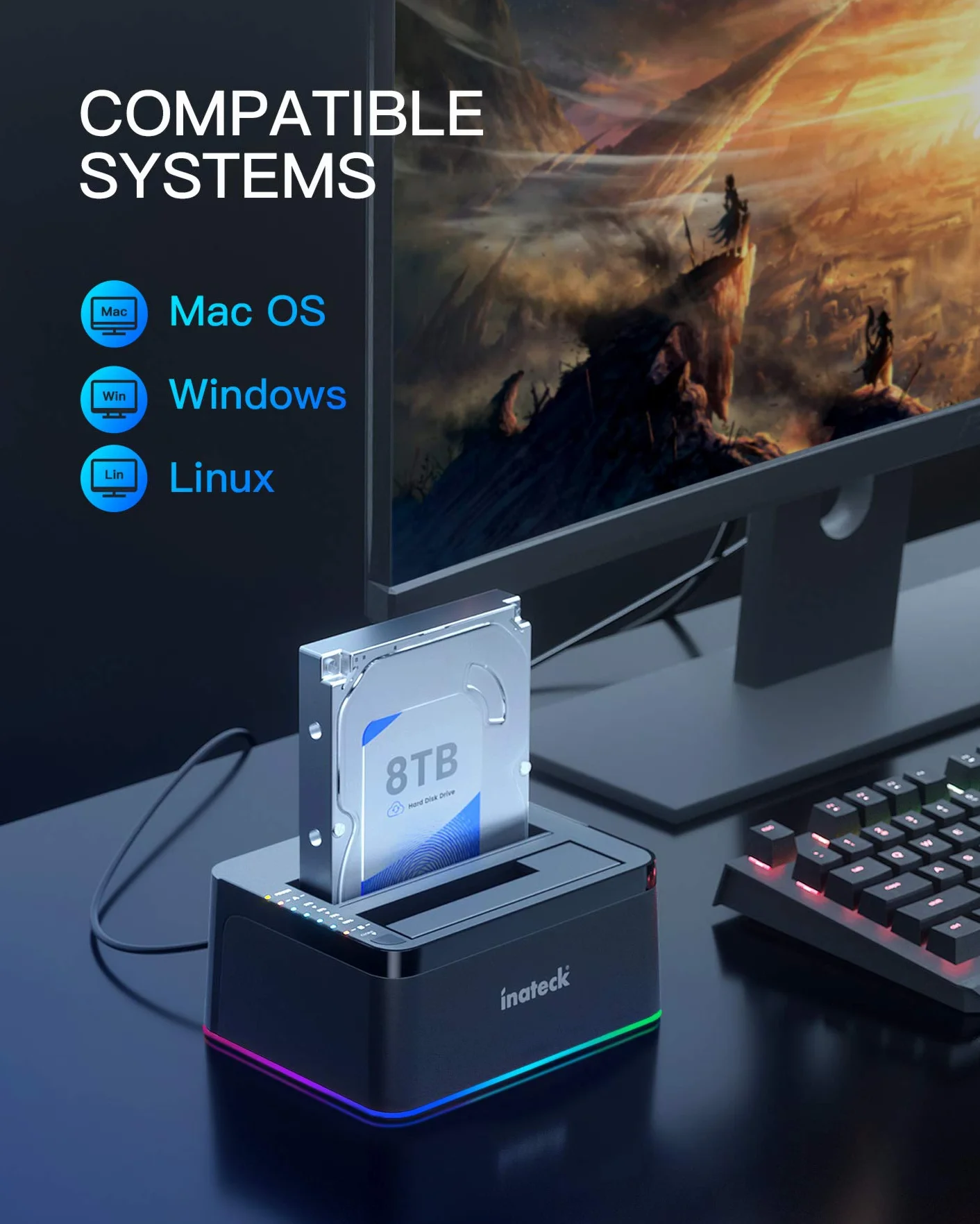 Inateck Stazione di aggancio (Docking Station) per disco rigido RGB SATA a USB 3.0 con clonazione non in linea (offline), per HDD e SSD da 2,5 e 3,5 pollici, supporto UASP, nero, SA02003
