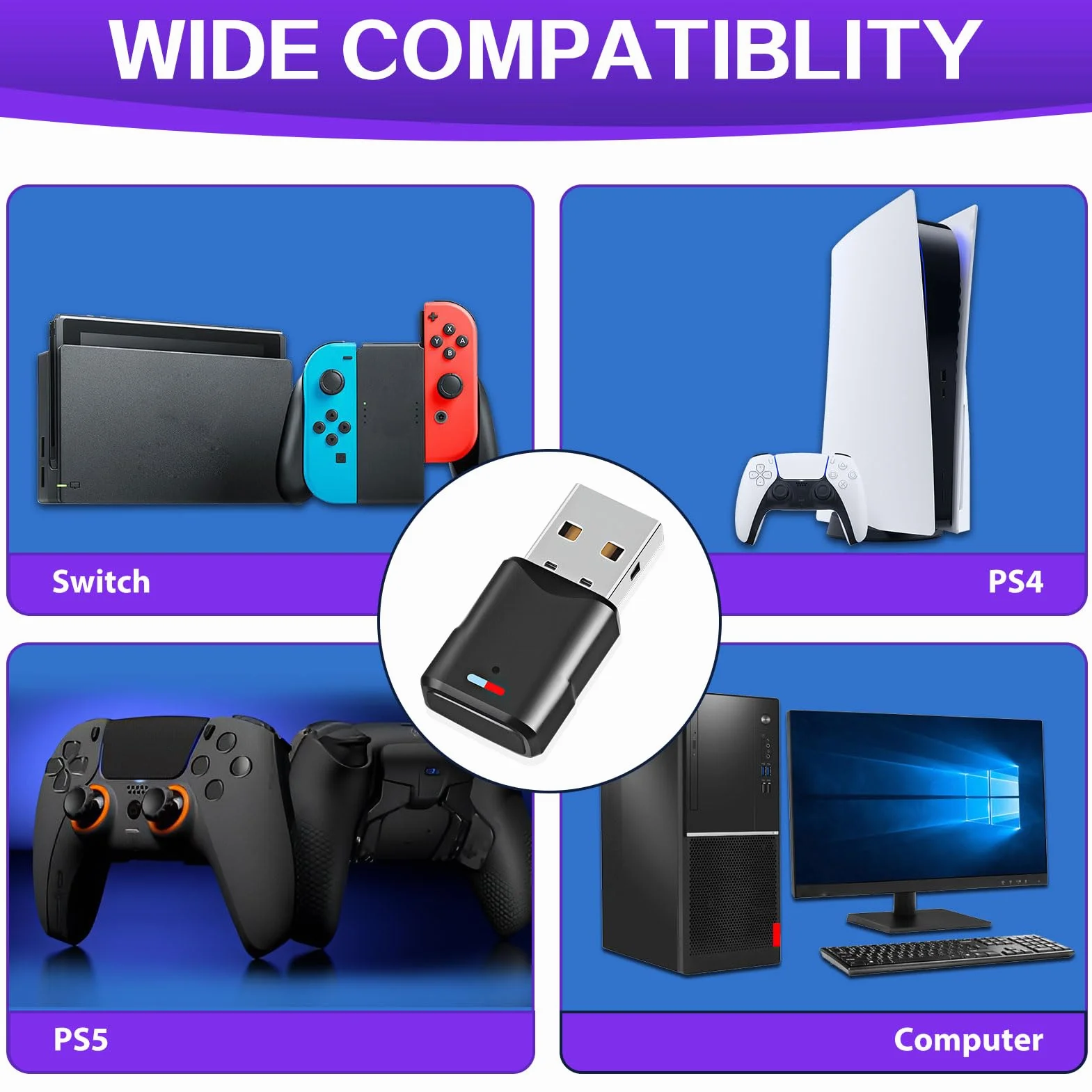 Adattatore USB Bluetooth 5.3 per PS5/PS4/SwitchConsole/PC, Dongle Dual Accoppiamento a bassa latenza Chiave Trasmettitore Ricevitore Audio Wireless per Windows/Macos/Cuffie/Altoparlanti
