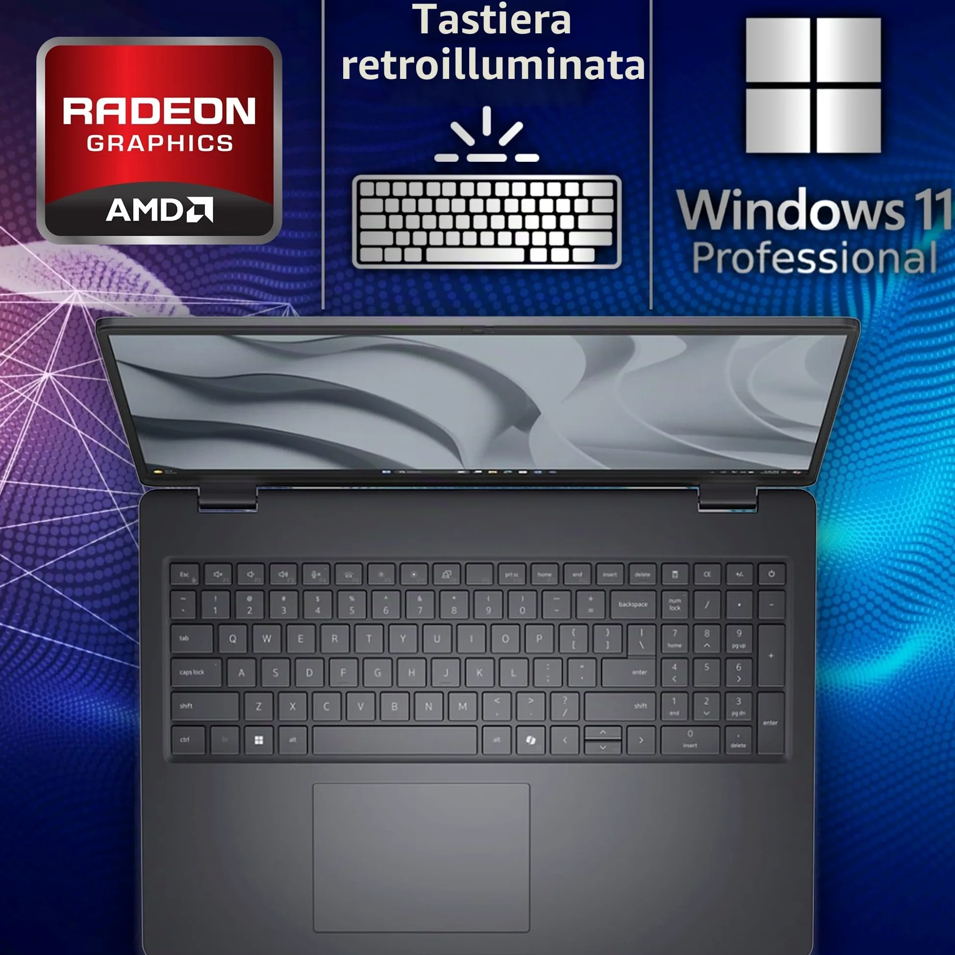 Dell Pro 16 FHD 16" Display Business Laptop, AMD Ryzen 5 220, 32GB DDR5 RAM, 1TB SSD PCIe, Tastiera retroilluminata, WiFi 6E + BT, RJ-45, HDMI, AI PC, HD Webcam, Windows 11 Pro - Magnetite Nero