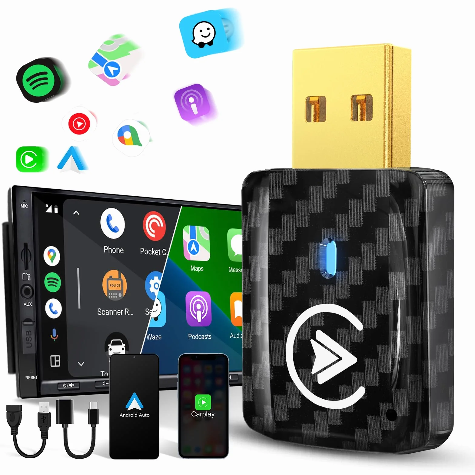 MSXTTLY Adattatore Android Auto Wireless, Carplay Wireless per iPhone 17-12 & Android 11+, Bluetooth 5.3, Dual Core WLAN 5.8GHz, Veloce e Stabile