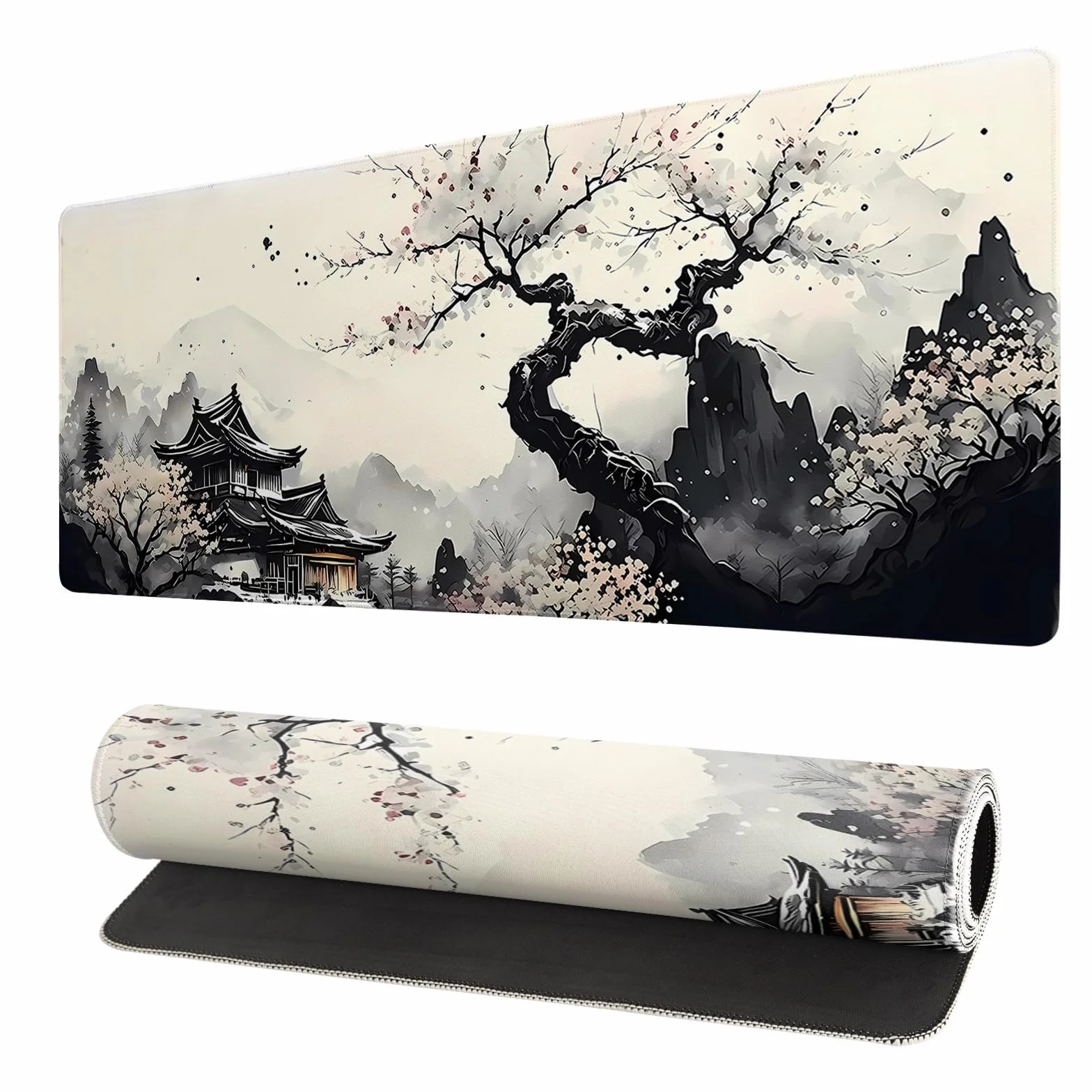 Tappetino Mouse Gaming 900x400 mm, Grande Mouse Pad XXL Confortevole, Lavabile, Antiscivolo Tappetino Scrivania Supporto per Computer, PC e Laptop -Ciliegia rosa (Ciliegia grigia)