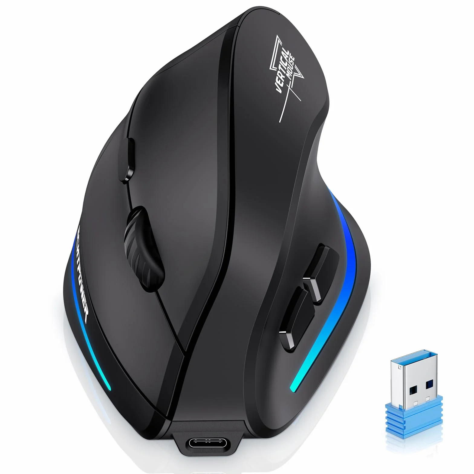 Mouse Verticale Senza Fili 2.4GHz 4800 DPI Ergonomico con LED RGB Type-C