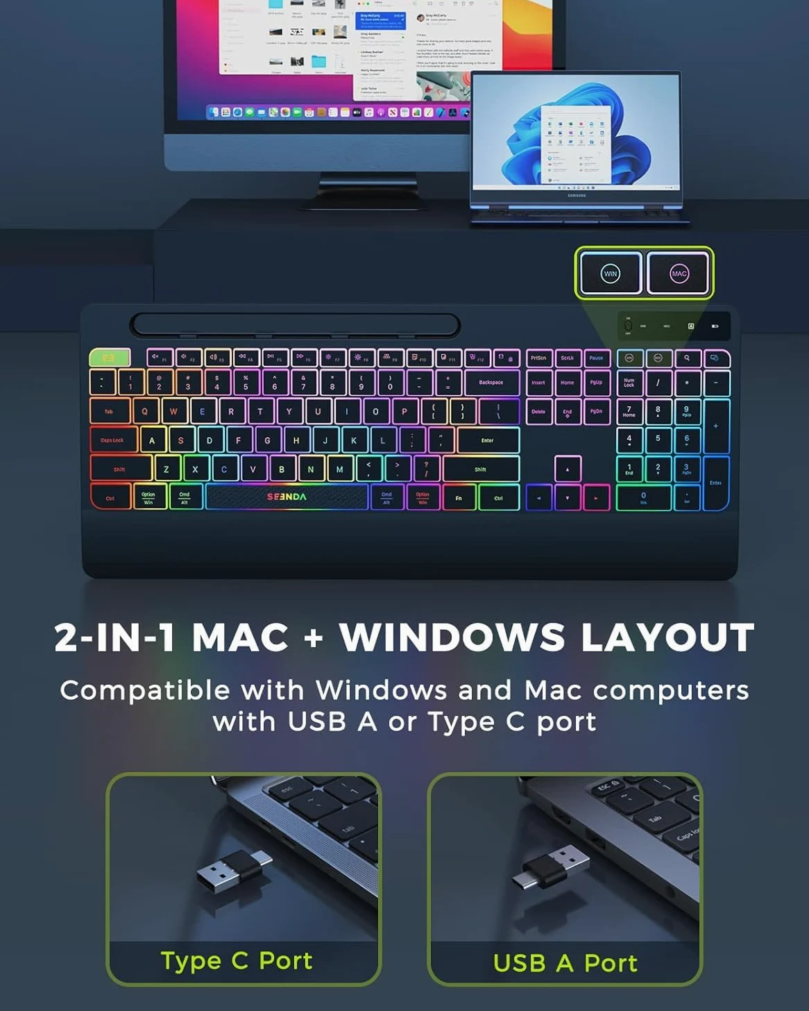 seenda Tastiera wireless 2.4G e mouse Combo con retroilluminazione arcobaleno, tastiera ricaricabile e mouse set UK layout full size con 2 in 1 USB C e USB A Dongle e Wirst Rest, nero