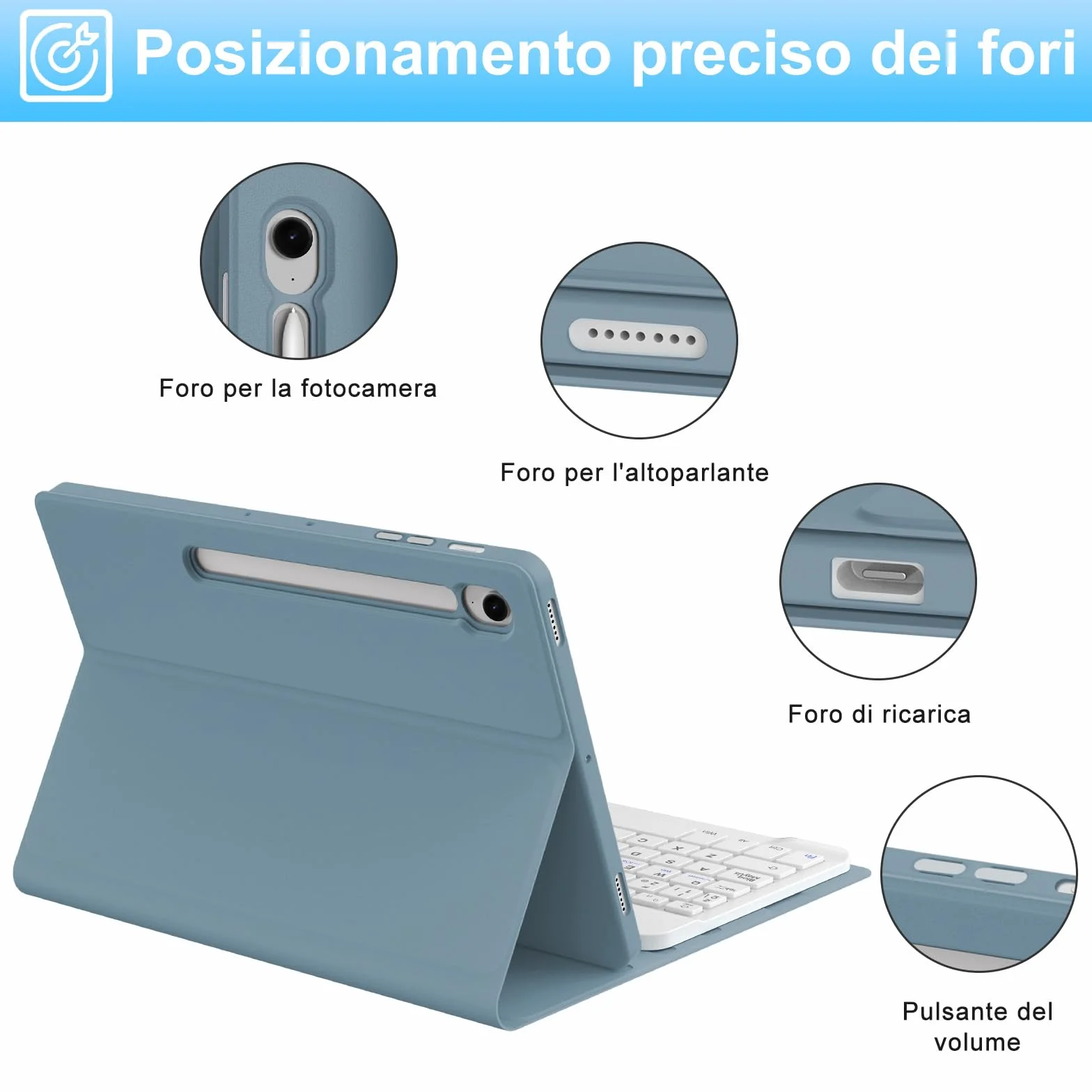 IVEOPPE Cover Tastiera per Samsung Galaxy Tab S10 Lite/S9 FE/S10 FE 10.9"/S9 11", Tastiera Italiano QWERTY Bluetooth Senza Fili Staccabile, Custodia con Portapenna, Grigio-blu