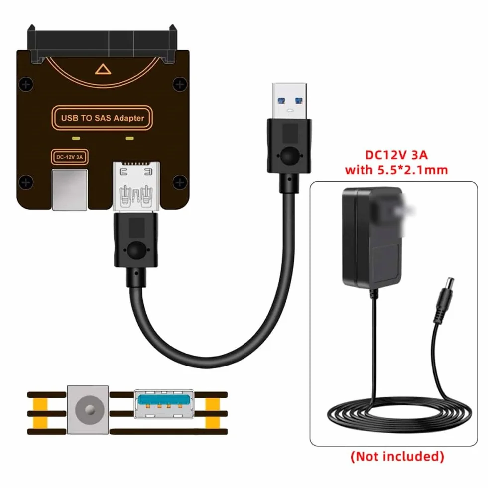 Adattatore RAID per disco rigido SAS 29 pin SFF-8482 a USB 3.0 5 Gbps con chipset e porta di alimentazione (richiede alimentatore 12 V/3 A)