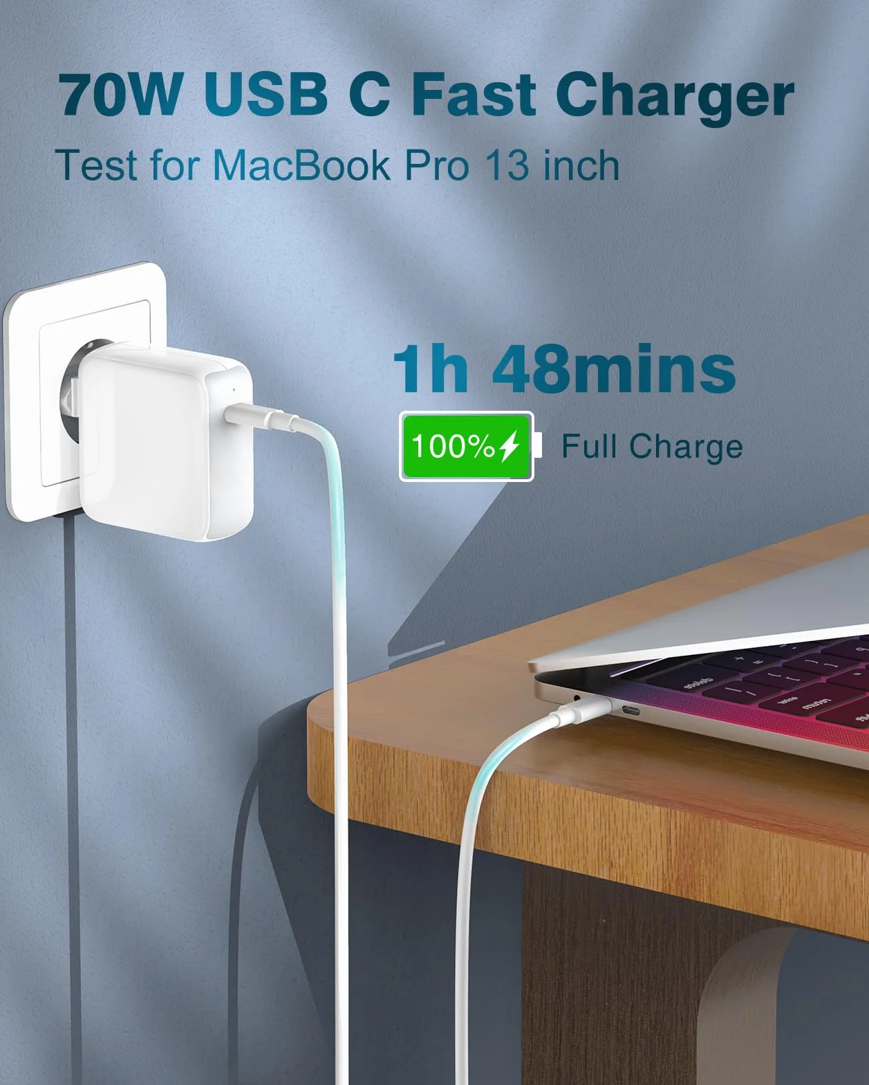 IFEART 70W Caricatore USB C Compatibile con MacBook Air MacBook Pro 13 14 15 16 pollici 2024 2023 2022 2021 2020, M1 M2 M3 Mac Laptop, iPad, Caricabatterie Rapido, Cavo USB C a C 2M, LED