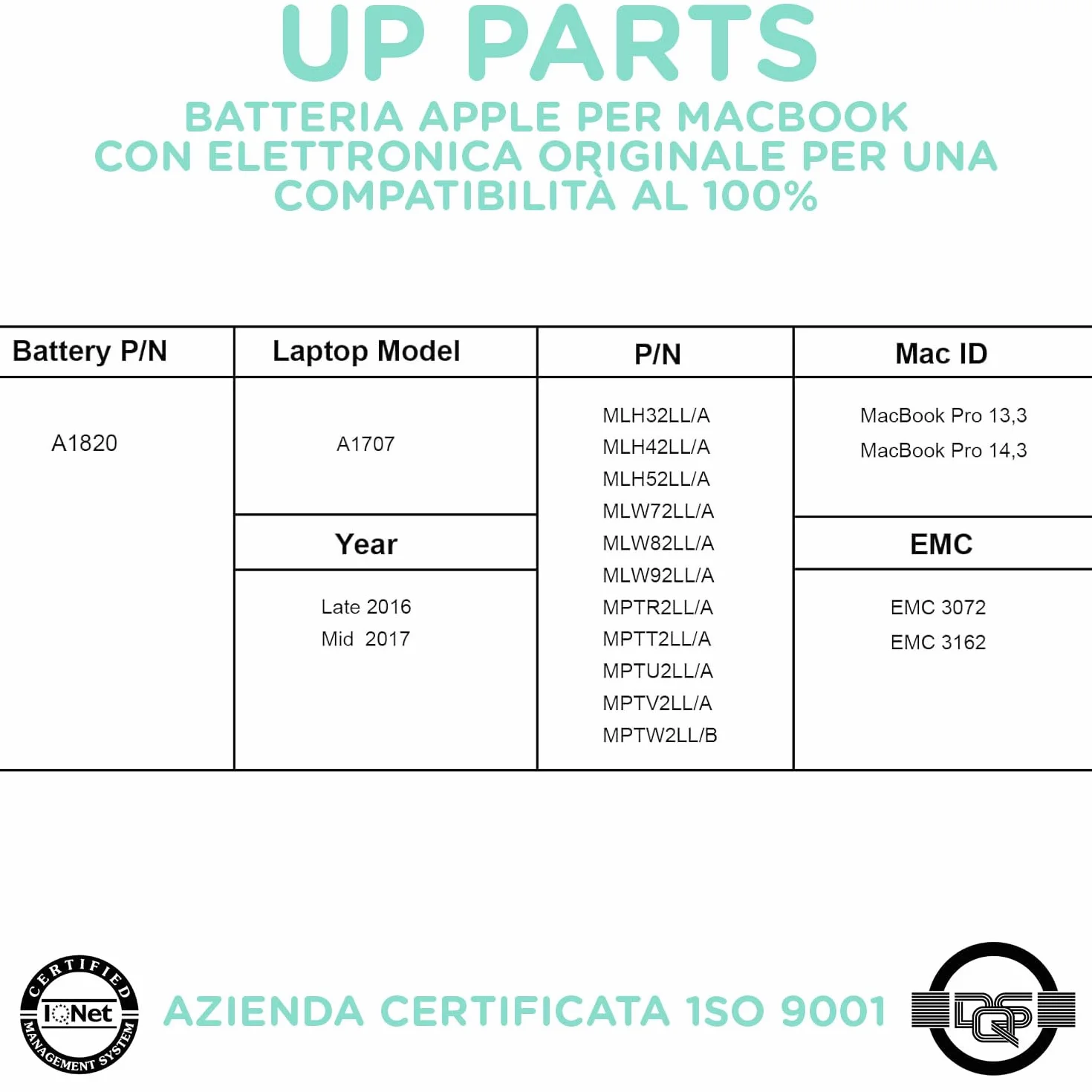 Batteria compatibile A1820 per Macbook Pro 15" A1707 (anno 2016, 2017) 11.4V 6660 mAh Kit Montaggio