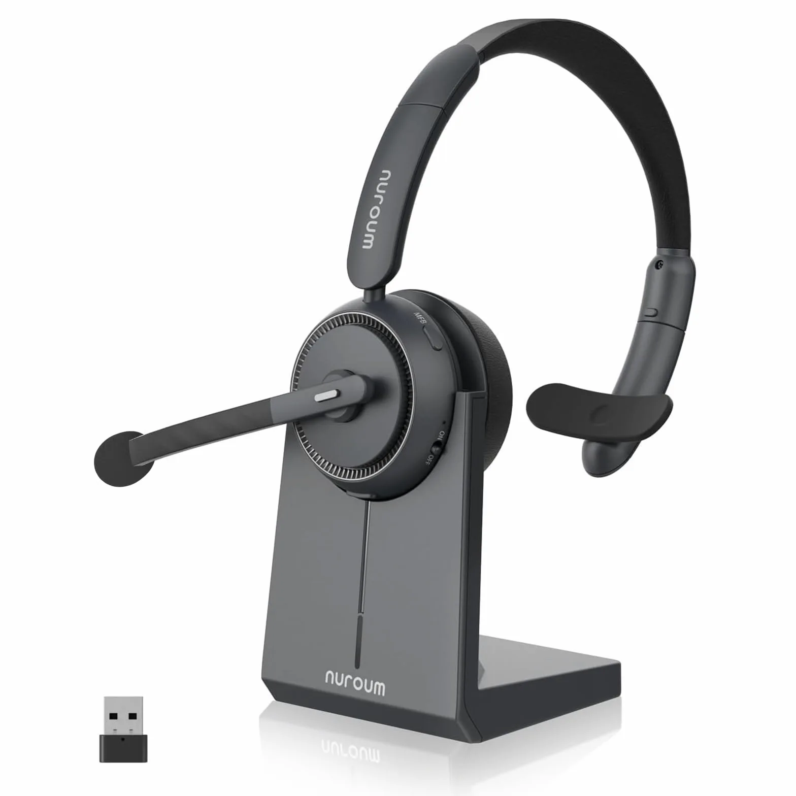 Nuroum HP31S(3rd Gen) Cuffie con Microfono Bluetooth,Cuffie Wireless ENC a Cancellazione di Rumore,Stazione di Ricarica, USB-A&C/Bluetooth 5.4/Dongle, 45H per Cuffie Call Center/Lavoro/Camion/Chiamate
