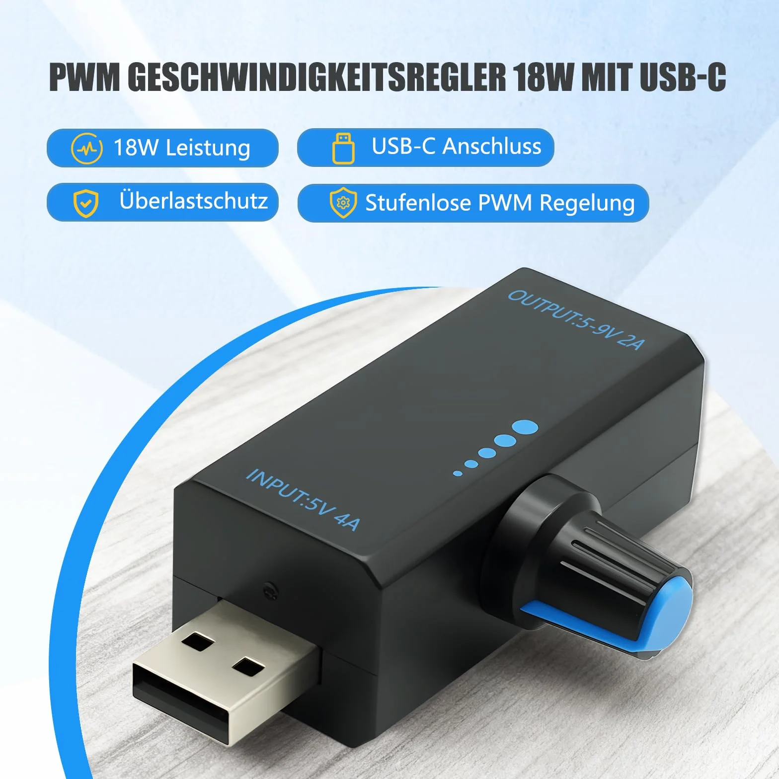 PWM Regolatore di velocità 18 W con porta USB – Controller ventola professionale con controllo della ventola PWM e velocità della ventola USB continua, DC5 V 4 A, alloggiamento ABS e tipo C per