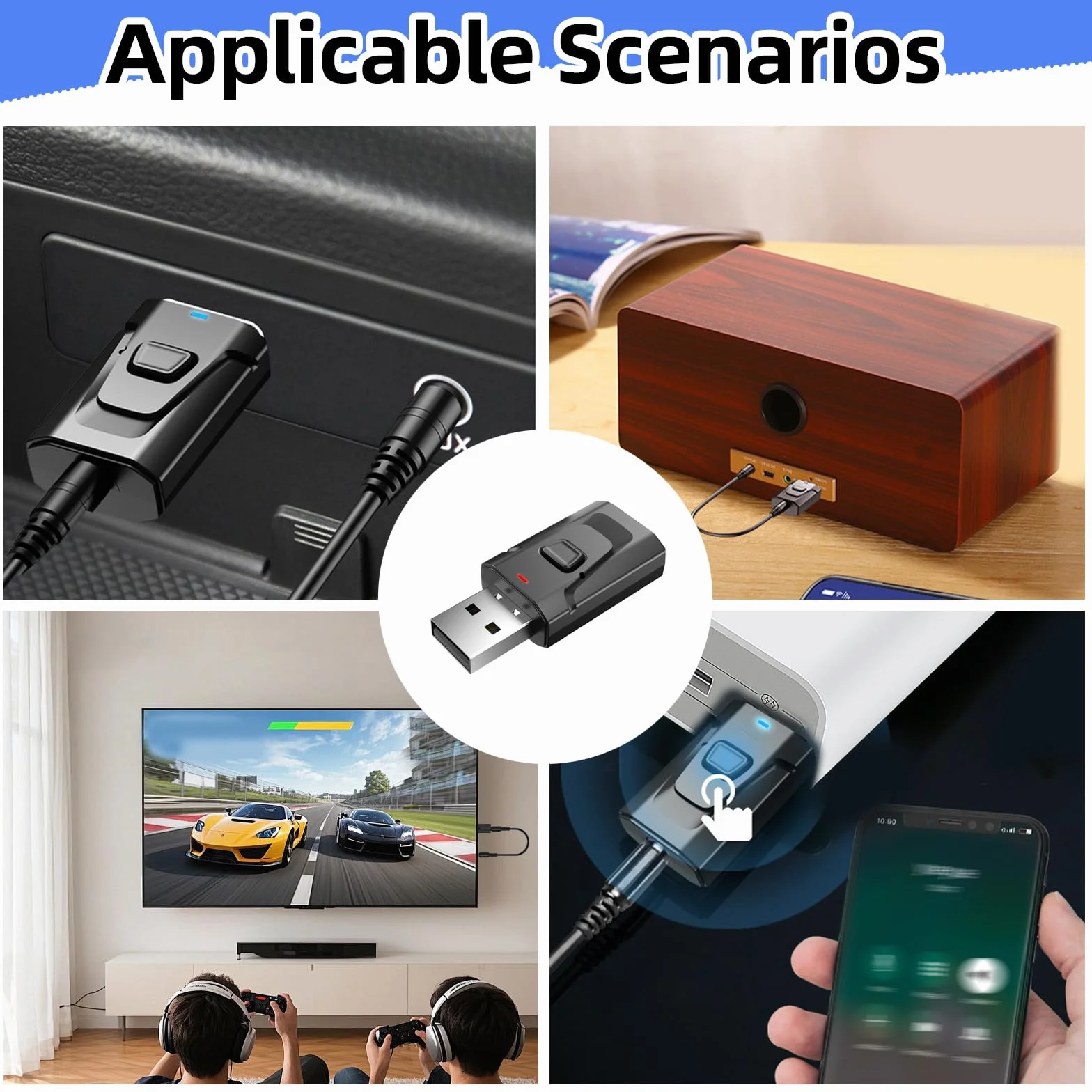 Adattatore Bluetooth USB 5.0 2 in 1 (trasmettitore e ricevitore), audio stereo wireless con jack da 3,5 mm per TV, PC, auto, altoparlanti, cuffie, vivavoce, senza latenza