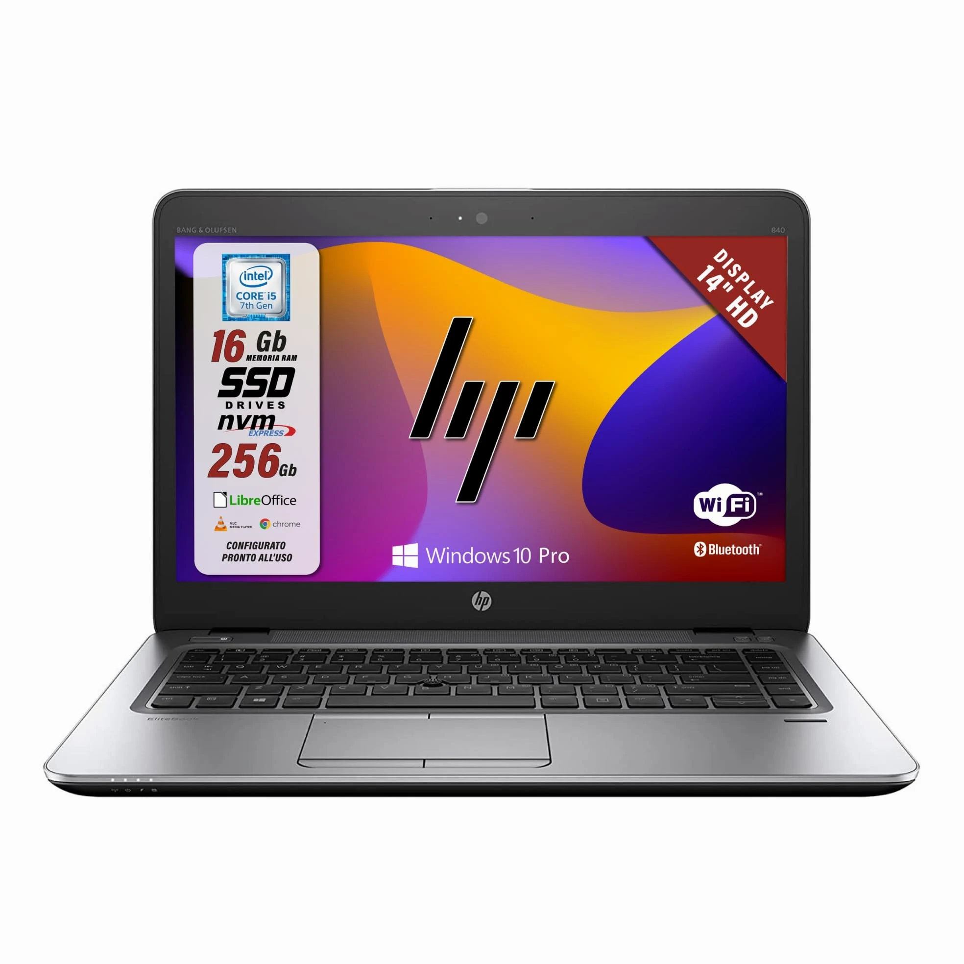 HP Elitebook 840 G4, Pc Portatile Notebook intel core i5-7200U, Display 14", Ram 16Gb, SSD 256Gb, Pacchetto Libre Office, W10 Pro (Ricondizionato)
