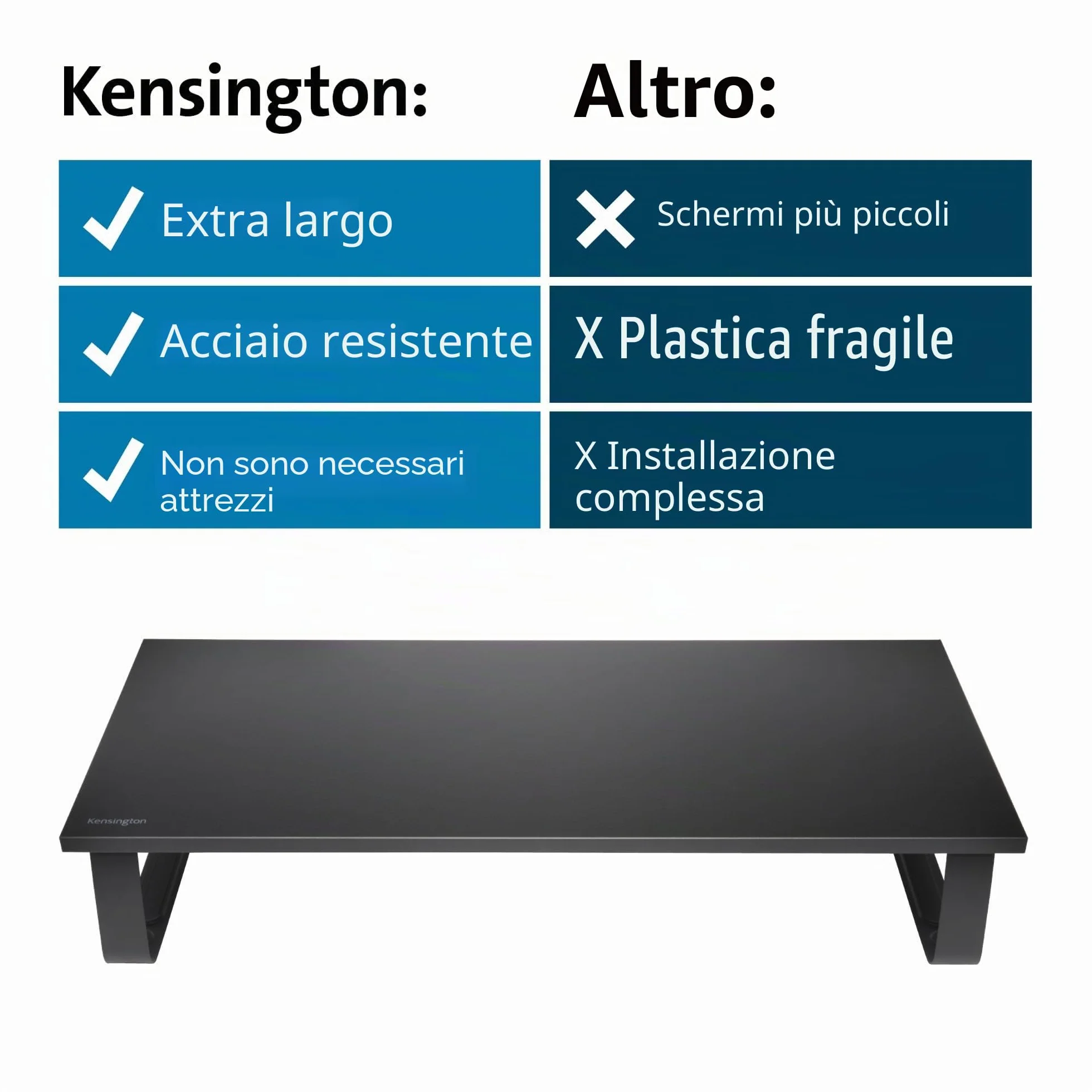 Kensington Supporto per monitor extra largo, rialzo ergonomico in metallo per monitor da scrivania, fino a 32 pollici e 20 kg, per PC, schermi, iMac, laptop, stampanti (60 x 12 x 26 cm) K55726EU Nero
