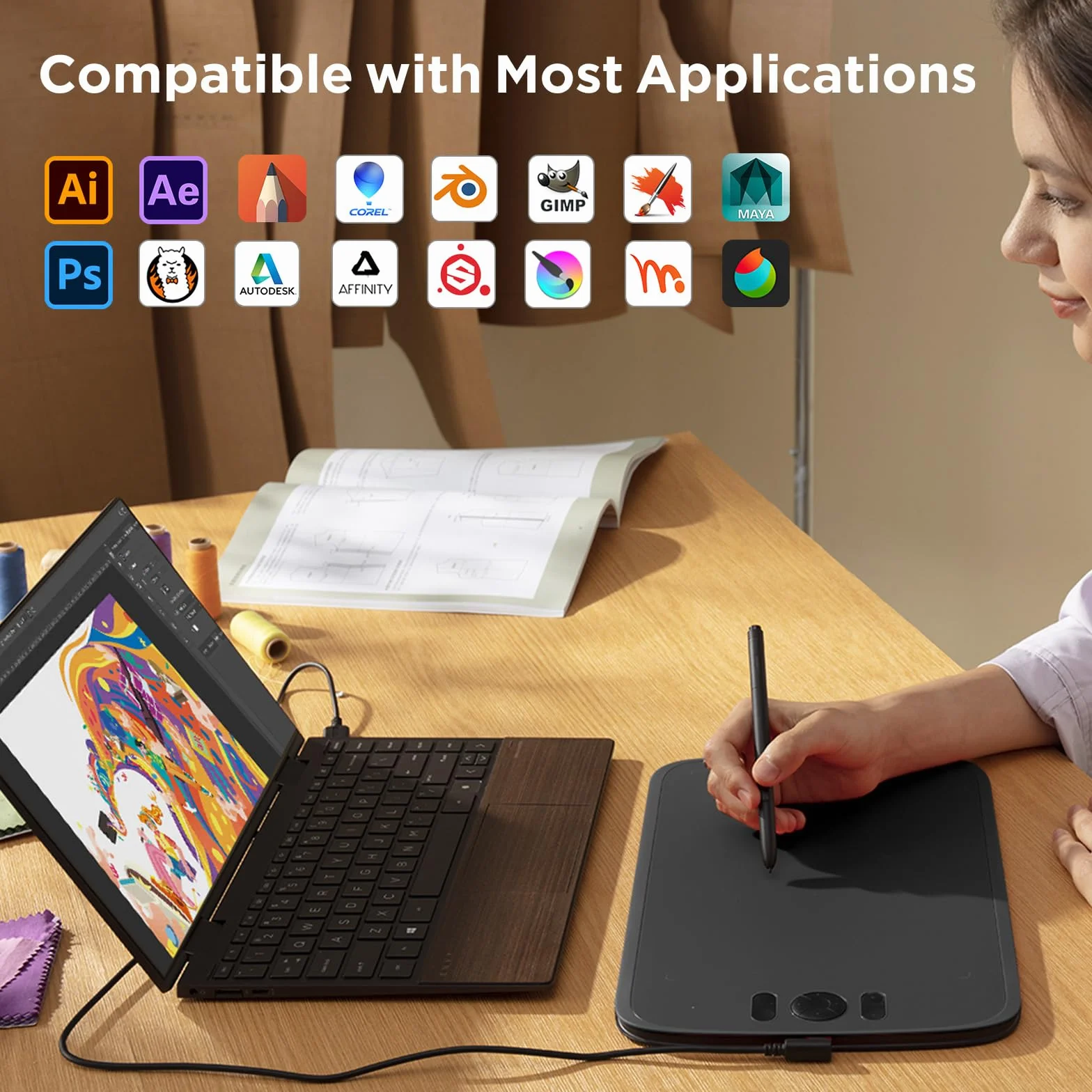 ugee M808 10 x 6.25 Inch Large Graphic Tablet for PC, Drawing Tablet with 8 Shortcut Buttons, Battery-Free Pen of the New Generation