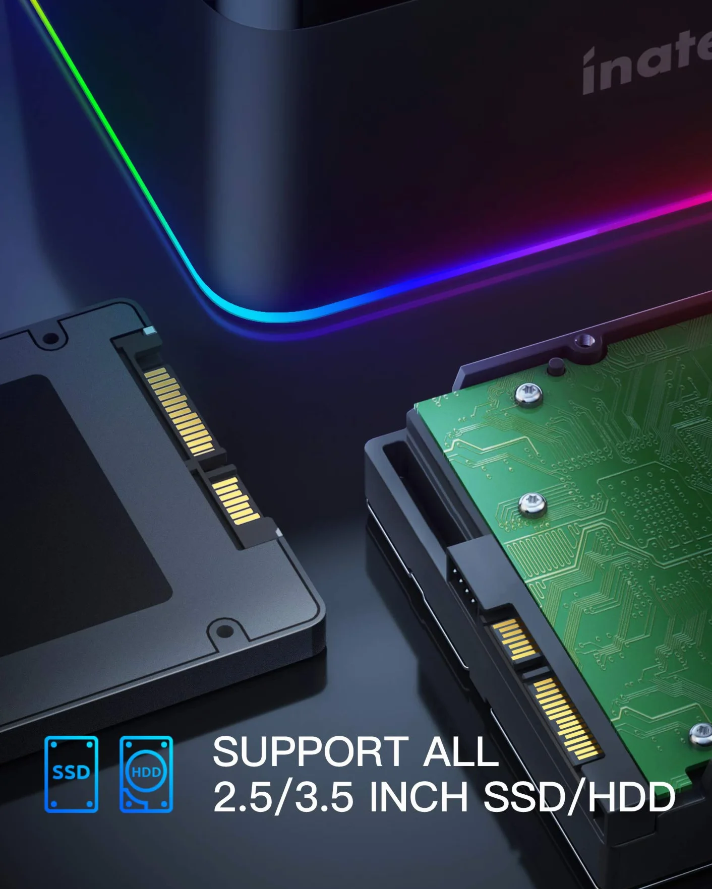 Inateck Stazione di aggancio (Docking Station) per disco rigido RGB SATA a USB 3.0 con clonazione non in linea (offline), per HDD e SSD da 2,5 e 3,5 pollici, supporto UASP, nero, SA02003