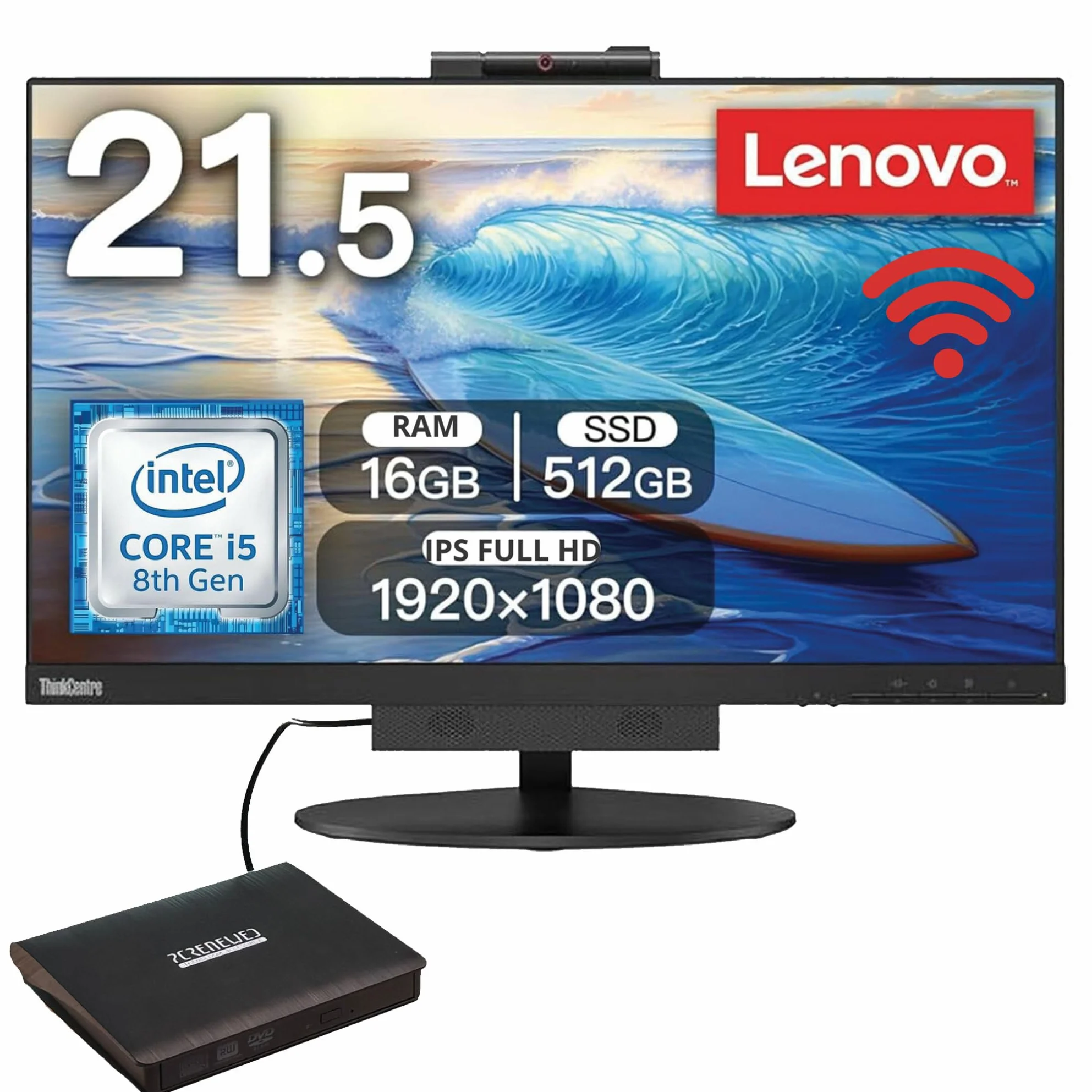 Lenovo TIO 22 All-in-One PC Intel i5 8400T 16GB RAM 512GB SSD Office 2021 Wi-Fi Bluetooth DVD RW Ricondizionato