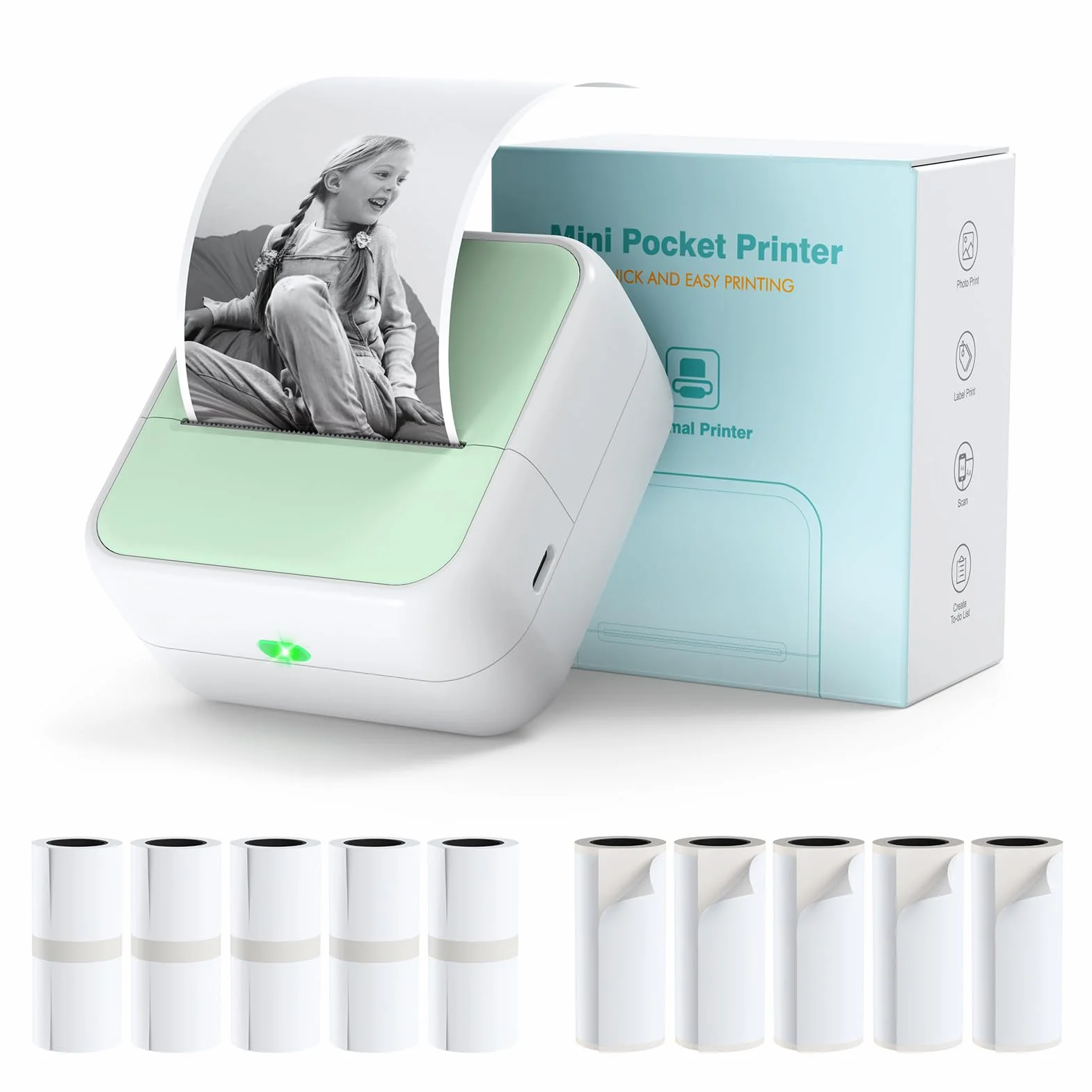 Bisofice S1 Mini Stampante Portatile Bluetooth, Stampante Termica Senza Inchiostro per Etichette - Verde