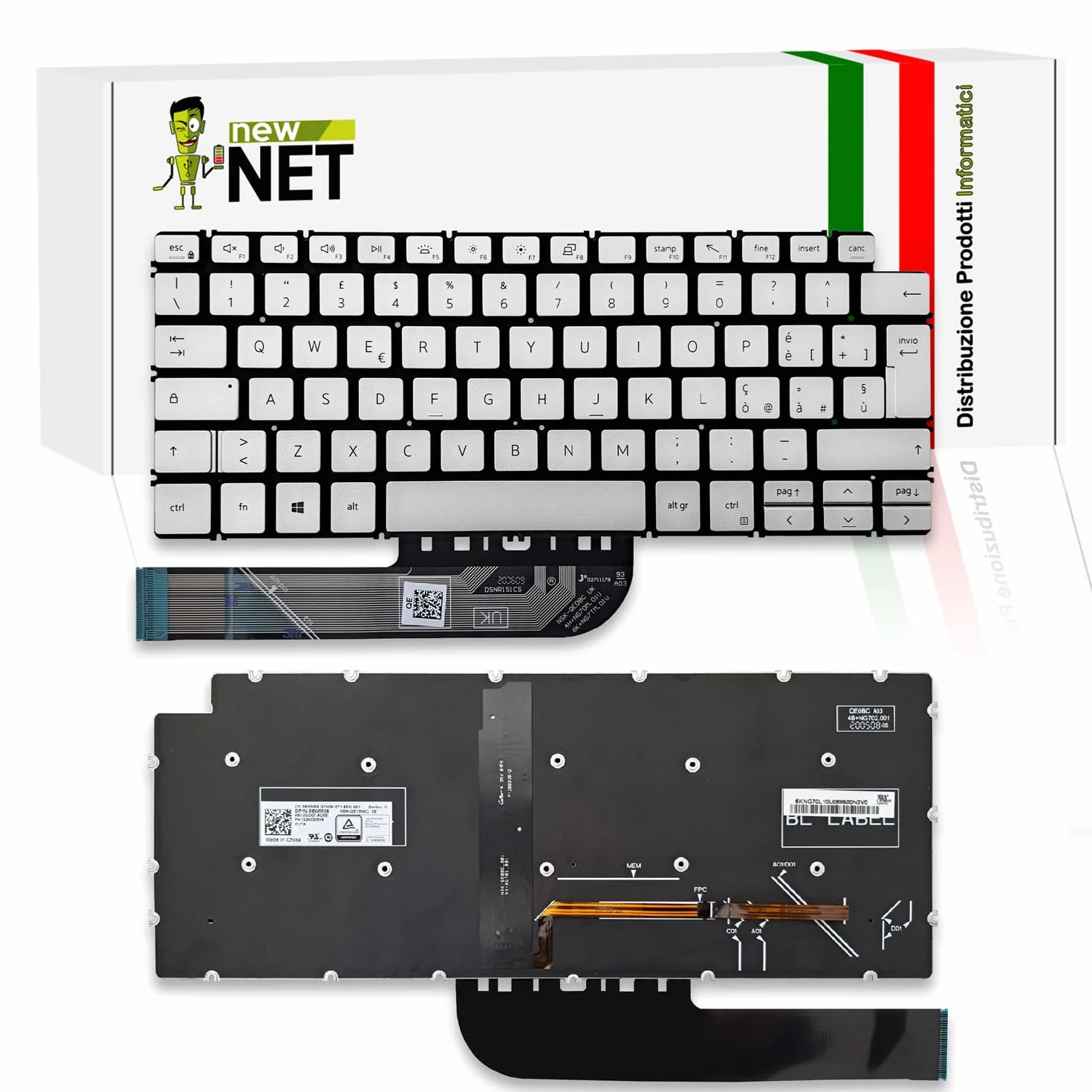 Tastiera compatibile con Notebook Dell Vostro 5301 5390 5391 5401 5402 5490 Retroilluminata Layout ITA Argento