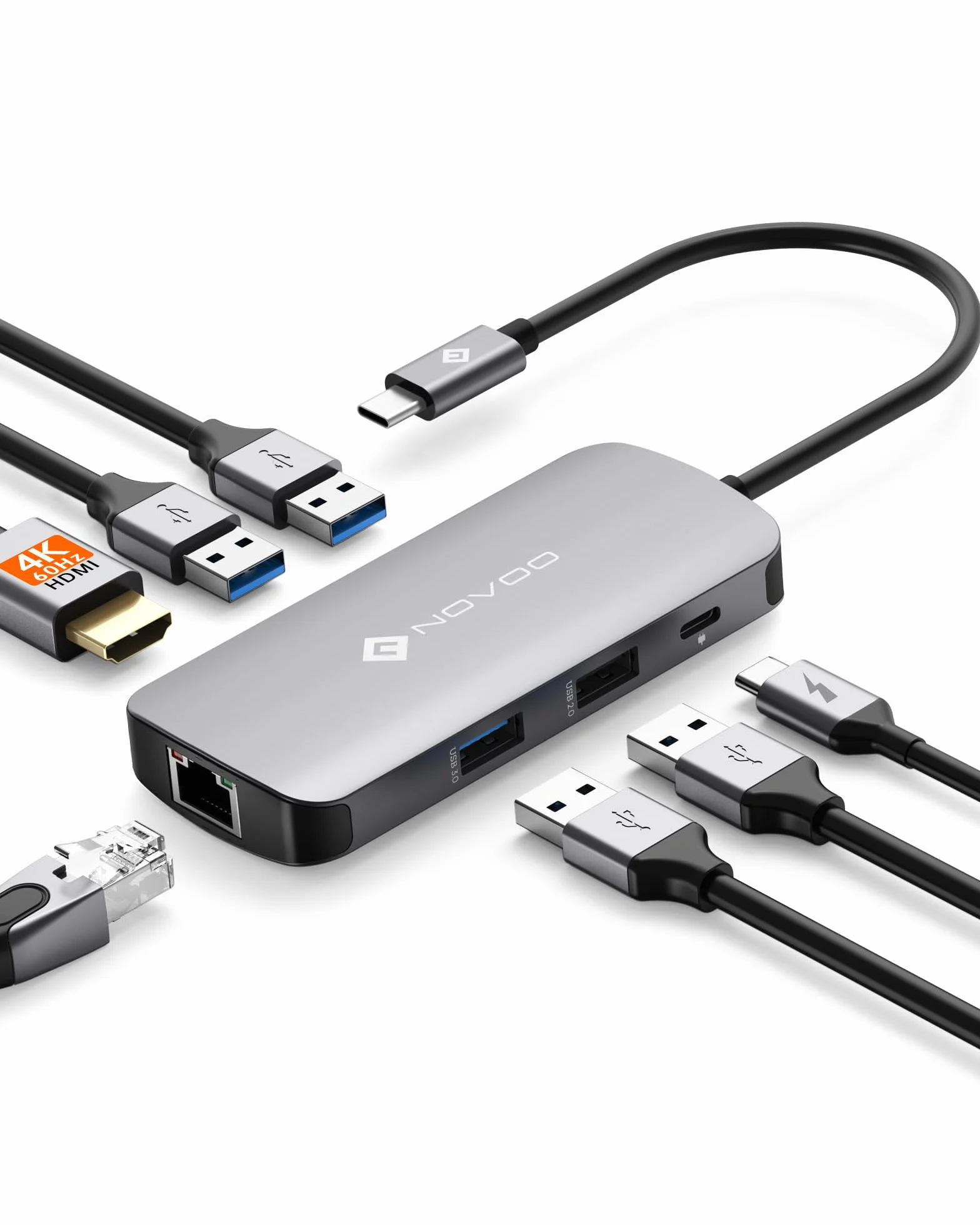 NOVOO 7 in 1 Hub USB C, Multiporta Adattatore con HDMI 4K, Ethernet RJ45, 3 Porte USB 3.0 & USB 2.0, Tipo-C 100W PD, Docking Station Compatibile con MacBook Pro/Air, Surface, iPad, Dell, HP