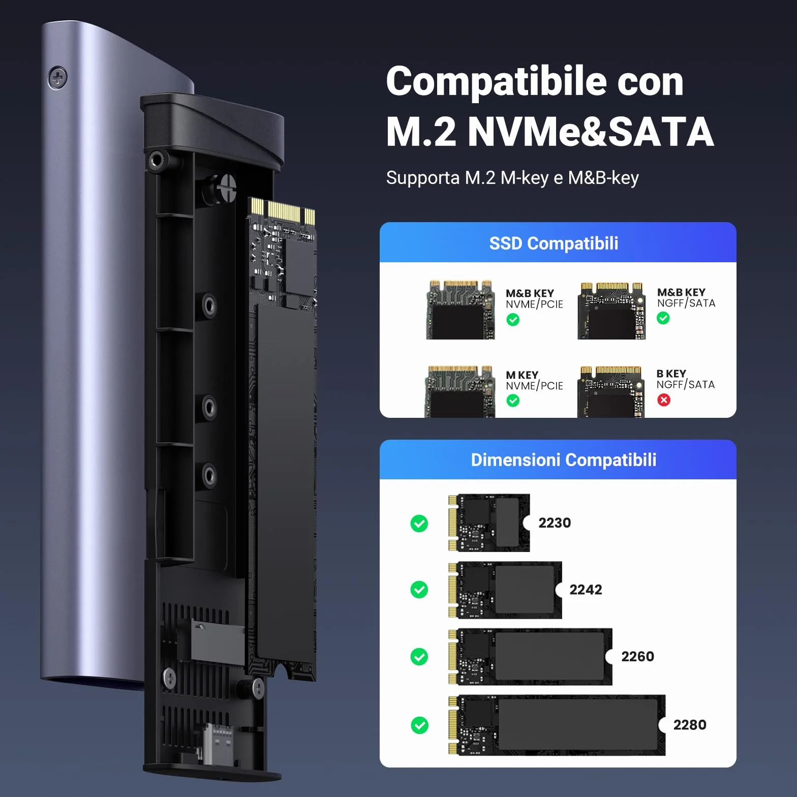 UGREEN Custodia SSD M.2 NVMe & SATA, Case SSD M.2 PCIe NGFF USB C 3.2 Gen 2 10Gbps per M-Key e B&M-Key 2230/2242/2260/2280, Compatibile con 970 Evo Plus, 760P ecc