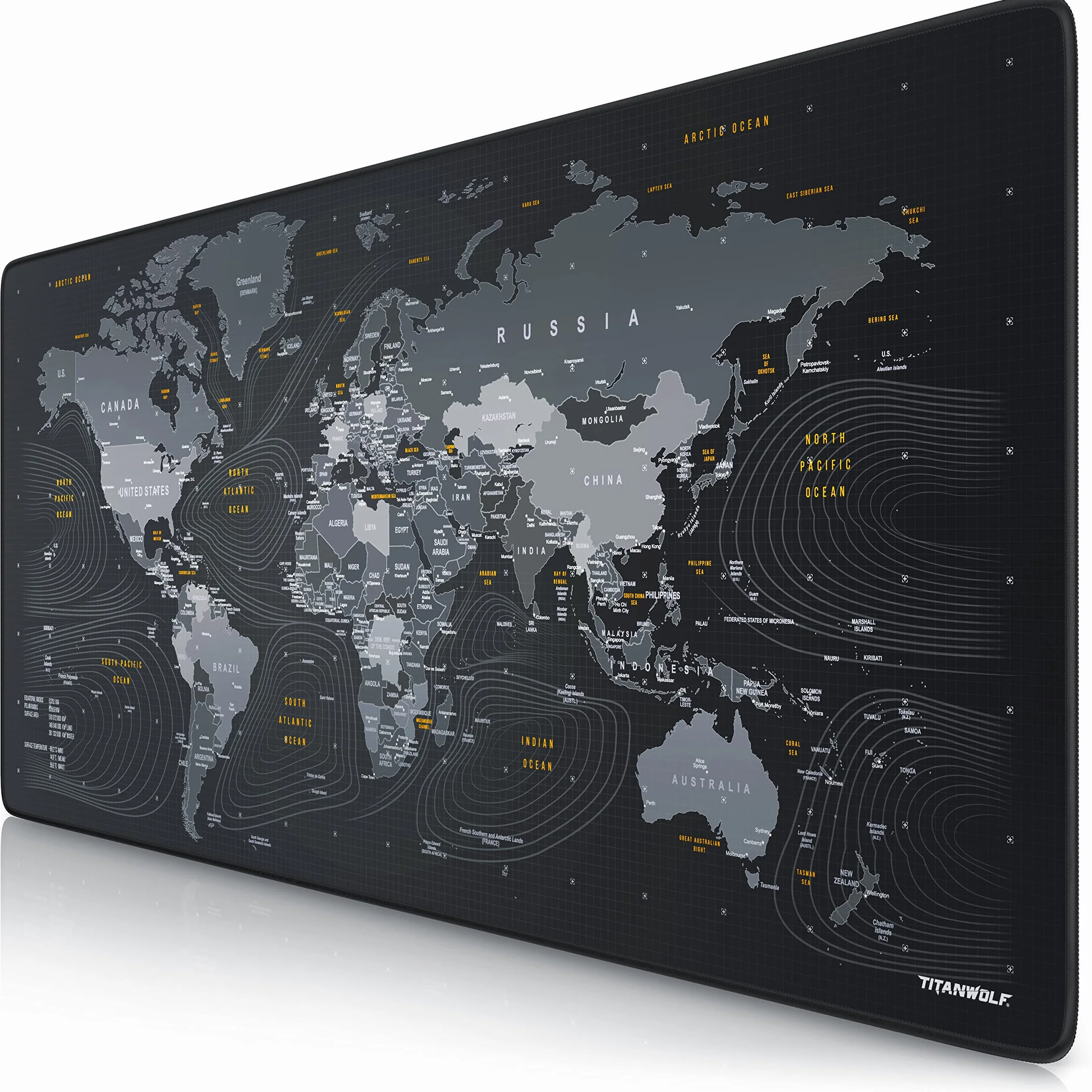 TITANWOLF XXL Tappetino per Mouse da Gioco Gaming Mousepad Extra Grande 900 x 400mm Base in Gomma Antiscivolo Spessore 3mm Nero World Map