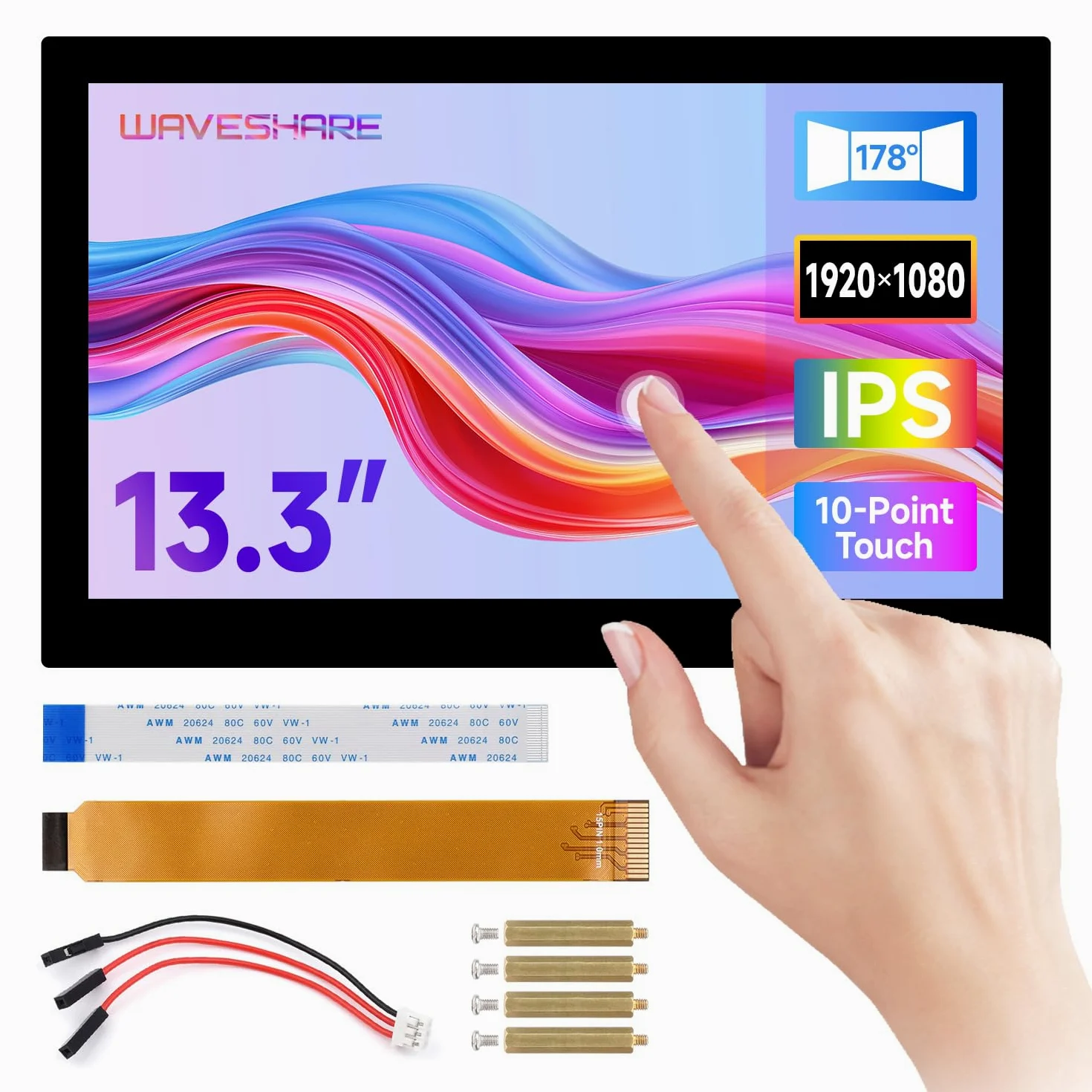 Waveshare 13.3inch High Resolution DSI Capacitive Touch Display for Raspberry Pi 5 / 4B / CM4 IO Board, 1920x1080, IPS, Toughened Glass Panel, DSI Interface, 10-Point Touch, Full Metal Back Panel