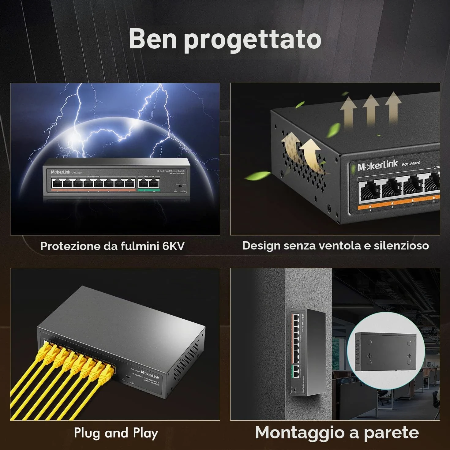 mokerlink Switch Poe 8 Porte, 2 Porte Gigabit Uplink, Poe Plus 802.3af/at, 120W di Potenza Integrata, 250 Metri, Metal Plug & Play