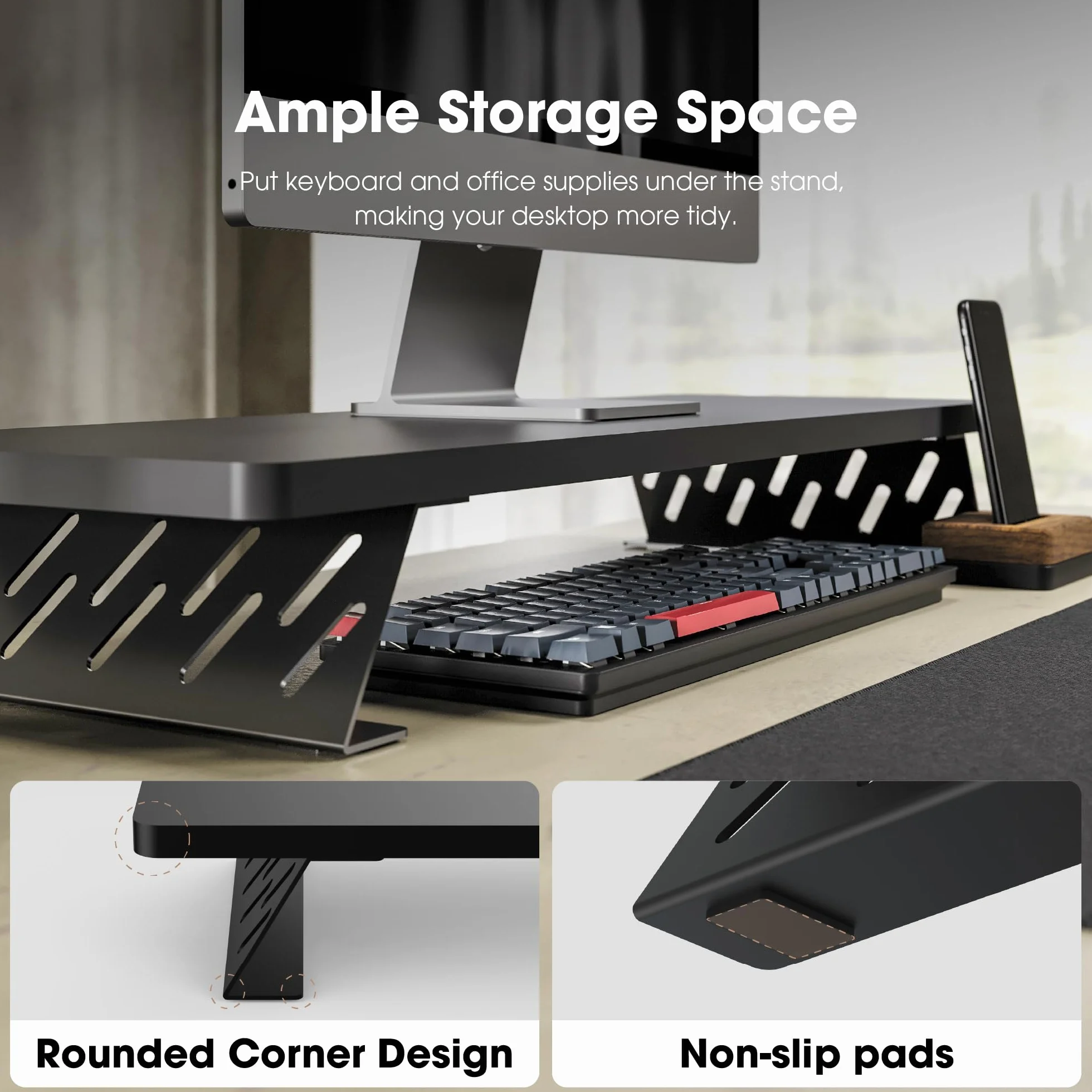 Fenge Supporto per Doppio Monitor in Legno, Organizer Ergonomico per Scrivania per PC, Laptop Stampante, L80xW23,5 xH10cm Capacità di Carico 25KG Nero