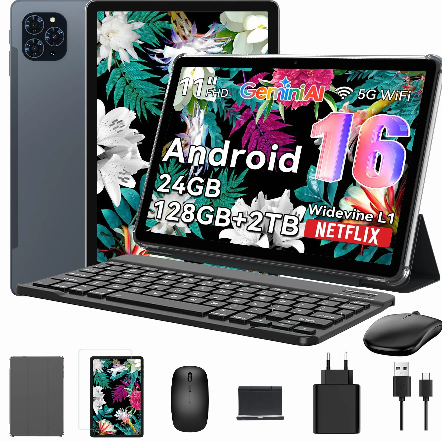 TABWEE T90 Tablet 11 Pollici Android 16 con Tastiera e Penna, Gemini AI, 24GB RAM + 128GB ROM (TF 2TB), Display FHD, Batteria 8000mAh, Widevine L1, Dual WiFi 5G, GPS, Face ID - Grigio