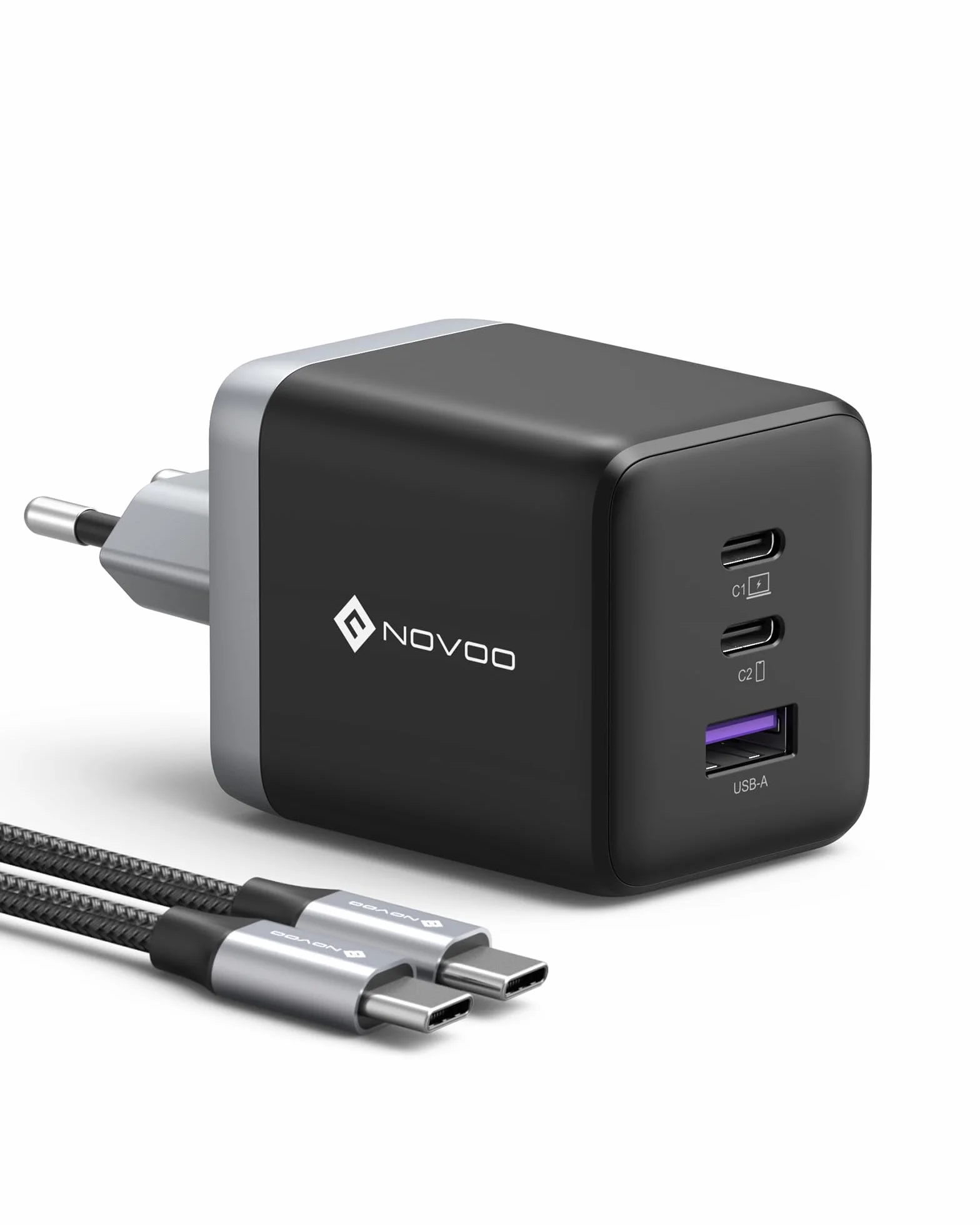 NOVOO Caricatore USB-C 100W GaN Ⅲ 3 Porte Veloce per MacBook Pro Dell XPS 13 iPad Pro iPhone 16/15/14/13/12 Galaxy S24 Ultra