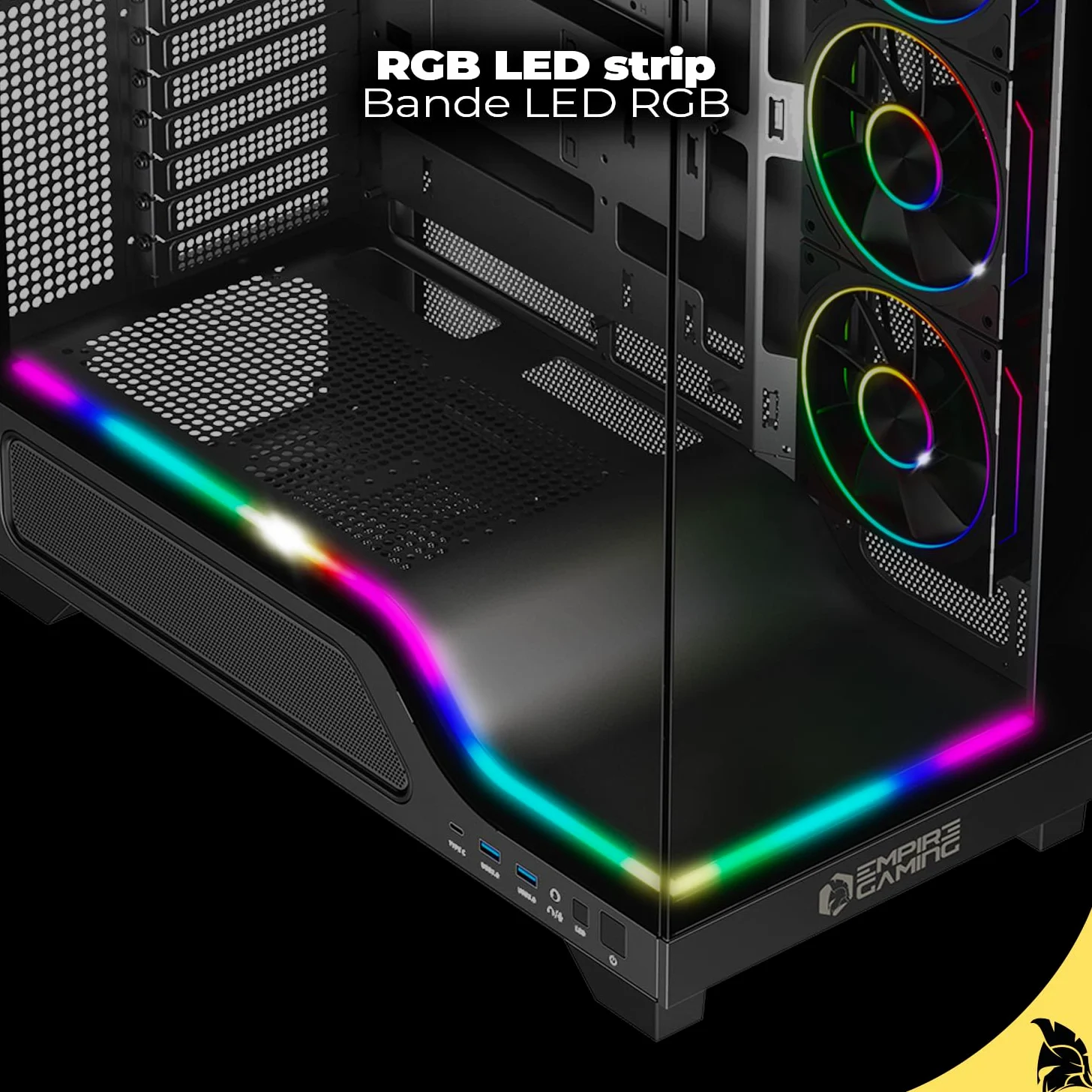 EMPIRE GAMING EC259 - Case PC Gaming Mid Tower spazioso ATX/mATX/ITX, Doppio Vetro Temperato Panoramico, ARGB Integrata (Striscia LED + 4 Ventole 120 mm + HUB PWM), GPU XXL 440 mm, AIO 360 mm, USB-C