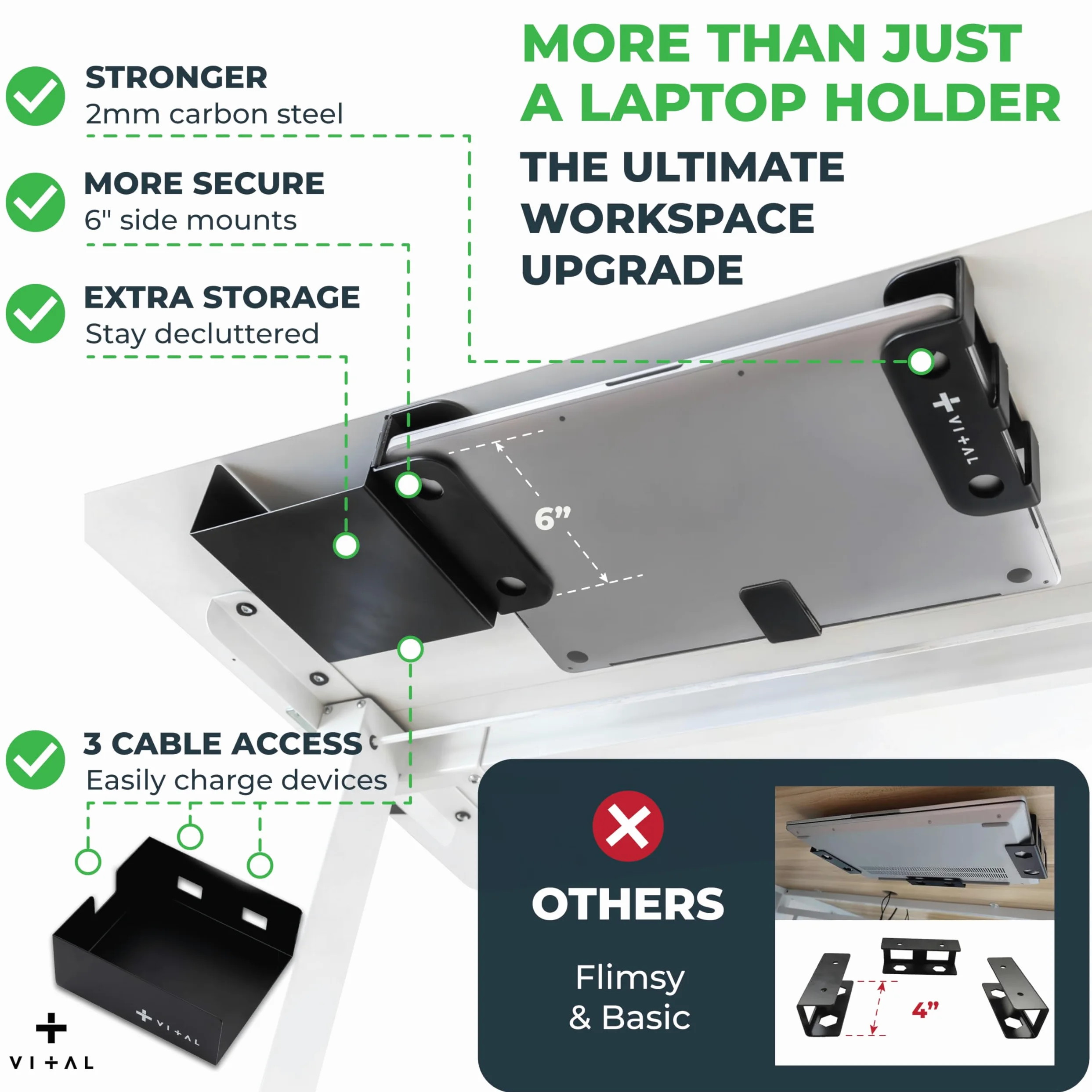 VI+AL Supporto da scrivania per computer portatile, ripiano nascosto in metallo con spazio laterale, si installa con nastro e viti, adatto a dispositivi fino a 4,3 cm di spessore, standard (senza