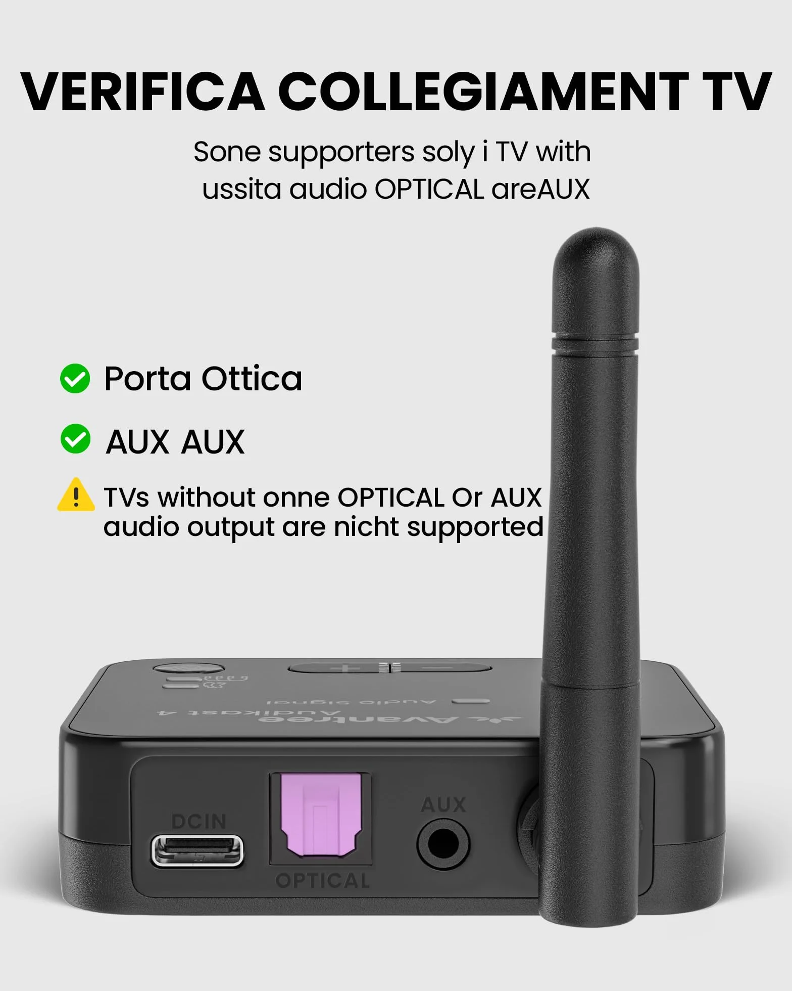Avantree Audikast 4 – Trasmettitore TV Auracast & Bluetooth 5.4 2-in-1 per Cuffie e Dispositivi Personali Di Ascolto Selezionati, AptX Adaptive & HD, Uscita Ottica & AUX, Compatibile e Aggiornabile
