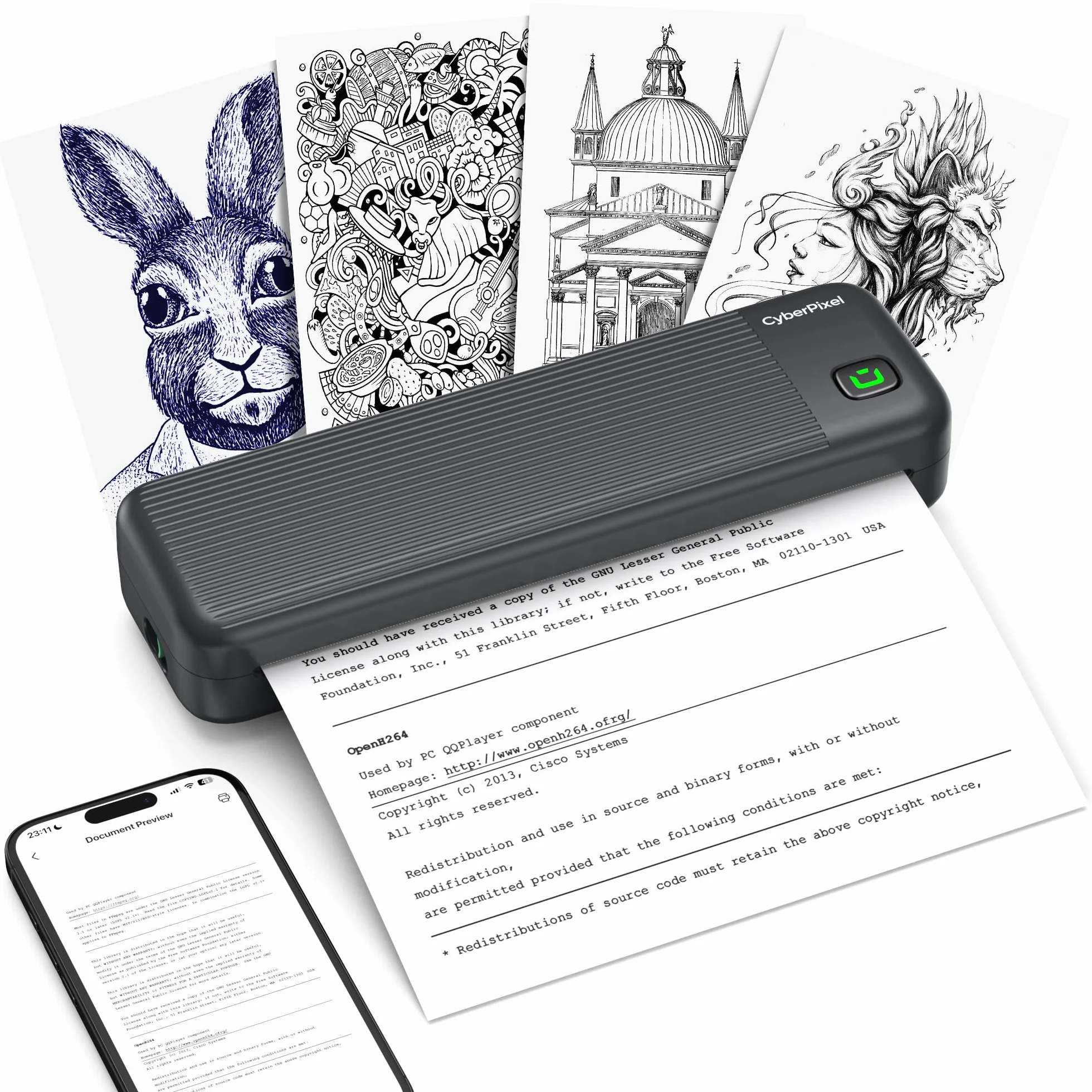 Stampante Termica Portatile A4, Compatibile con iOS/Android e Mac/Windows, Mini Stampante Senza Inchiostro