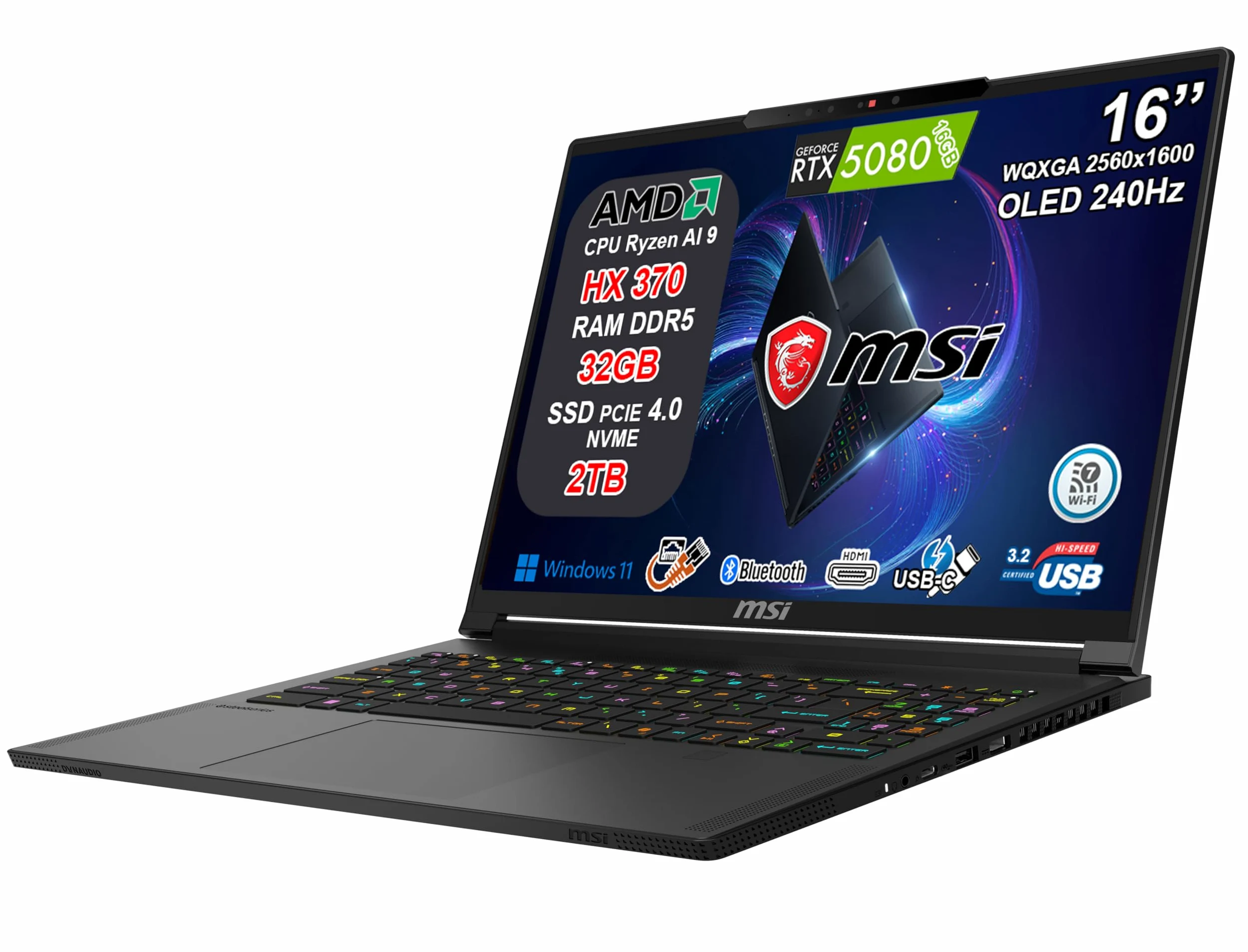 msi Stealth A16 AI+ Notebook Gaming Ryzen AI 9 HX 370, RTX 5080 16GB GDDR7, 32GB RAM, 2TB SSD, 16" QHD+ OLED HDR 240Hz 100% DCI-P3, Thunderbolt 4, Wi-Fi 7, Tastiera RGB, Fingerprint, Windows 11