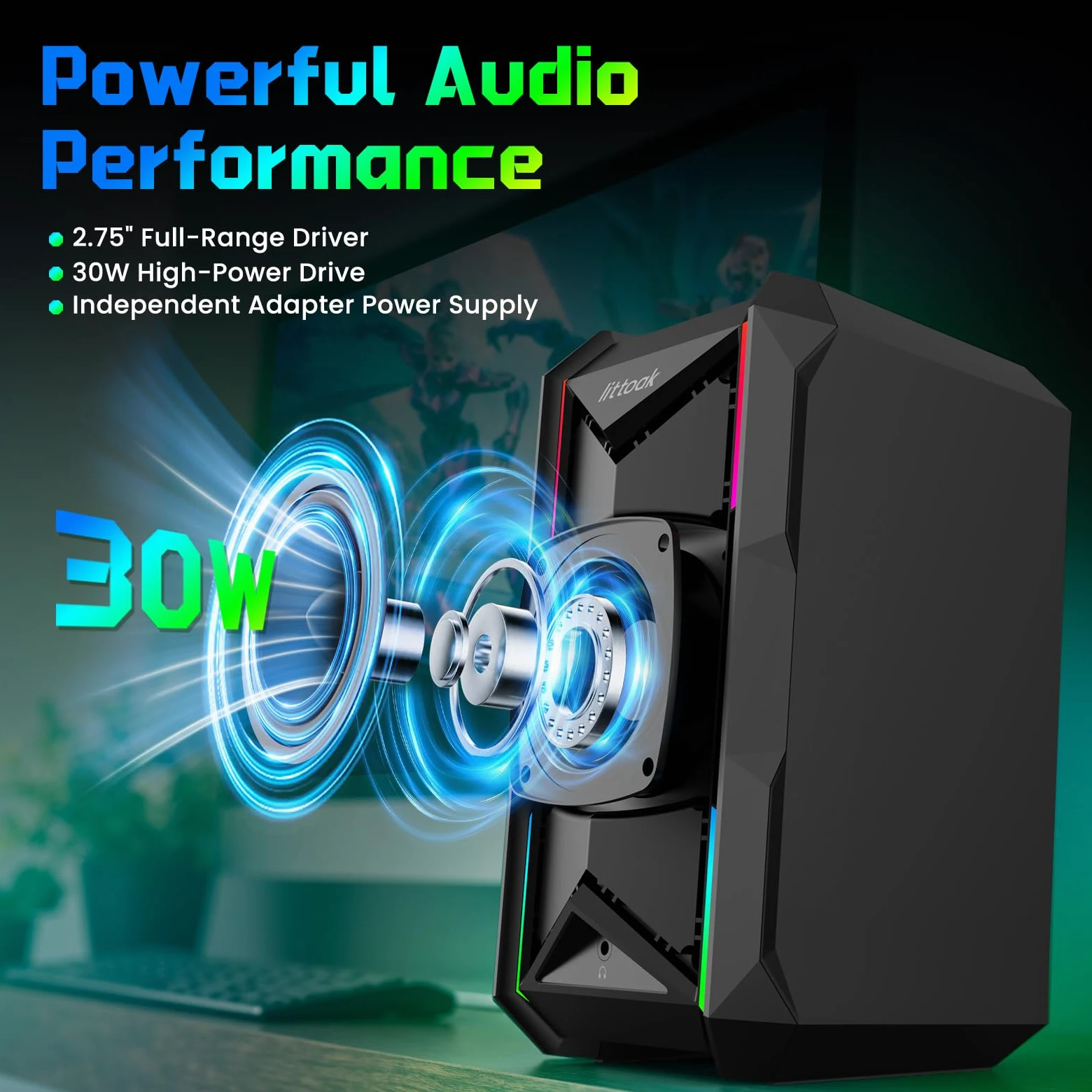 LITTOAK Altoparlanti per computer per musica e giochi, altoparlanti alimentati con adattatore CC per PC desktop o laptop, altoparlante desktop Bluetooth 5.3, 10 modalità RGB, ingresso AUX da 3,5 mm