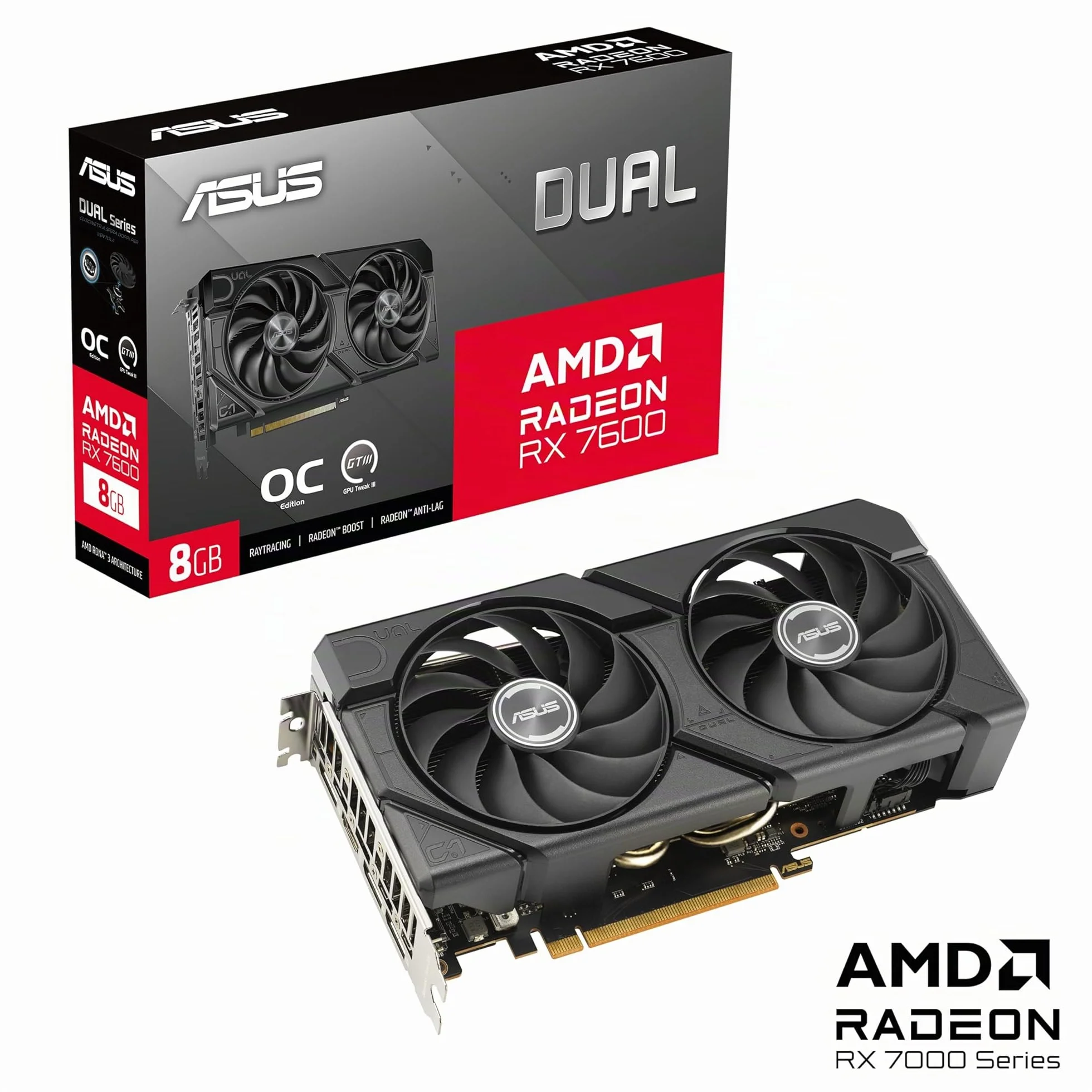 ASUS Dual Radeon RX 7600 EVO OC Edition, Scheda Grafica 8 GB GDDR6, fino a 2715 MHz nella Modalità Boost, PCIe 4.0, 1 HDMI 2.1, 3 DisplayPort 1.4a, Nera, DUAL-RX7600-O8G-EVO