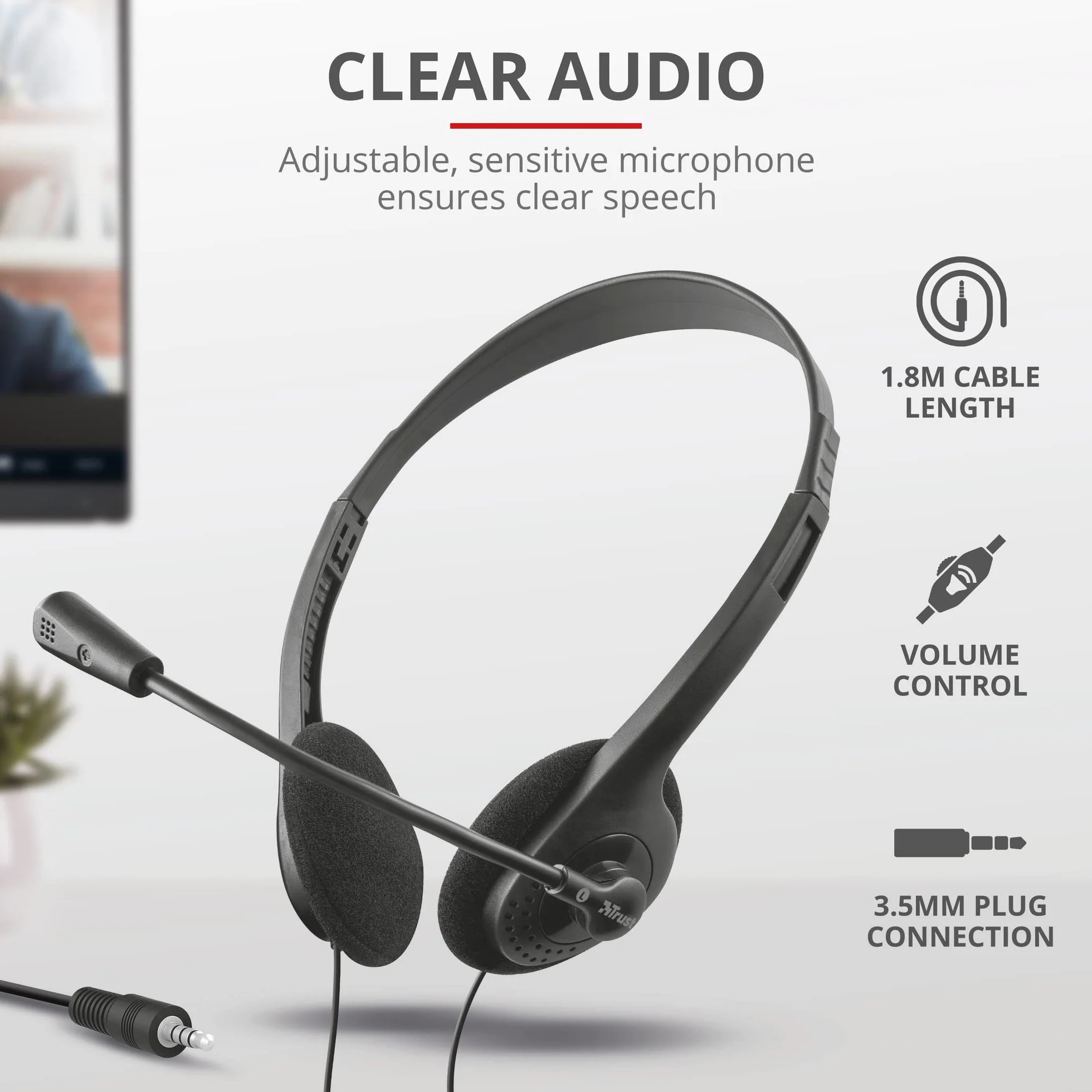 Trust Primo Cuffie con Microfono Leggere, Connessione 3,5 mm, Cavo 1,8 m, Auricolari con Filo, Headphones Cablato per PC, Computer, Portatile, Laptop, Macbook, Ufficio, Teams, Skype, Zoom - Nero