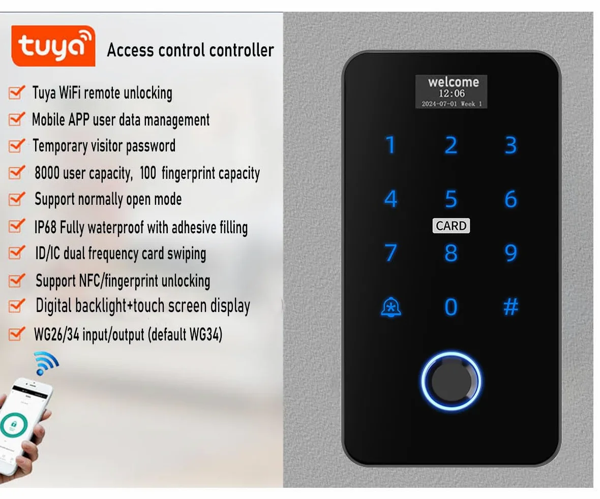 YAVIS TUYA WiFi Kit sistema di controllo di accesso, Tastiera tattile con impronte digitali con schermo impermeabile NFC WG26/34 RFID 125KHz/13.56MHz Lettore schede, Serratura a Bolt NC, Alimentatore