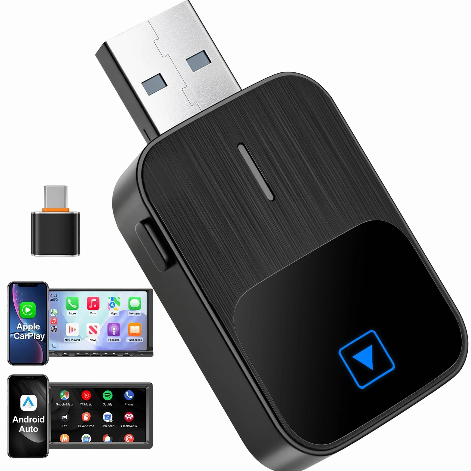 Mineup Adapter Wireless Android CarPlay, 2 in 1 Chiavetta per Convertire Cablato in Wireless, Supporta iOS 10+ e Android 11+